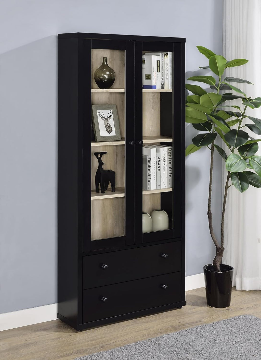 Coaster Home Furnishings - Hawthorne - 4-Shelf Wood Accent Cabinet with Farmhouse Style, Glass Doors, Drawers - Living Room, Entryway & Home Kitchen - Black - 953478