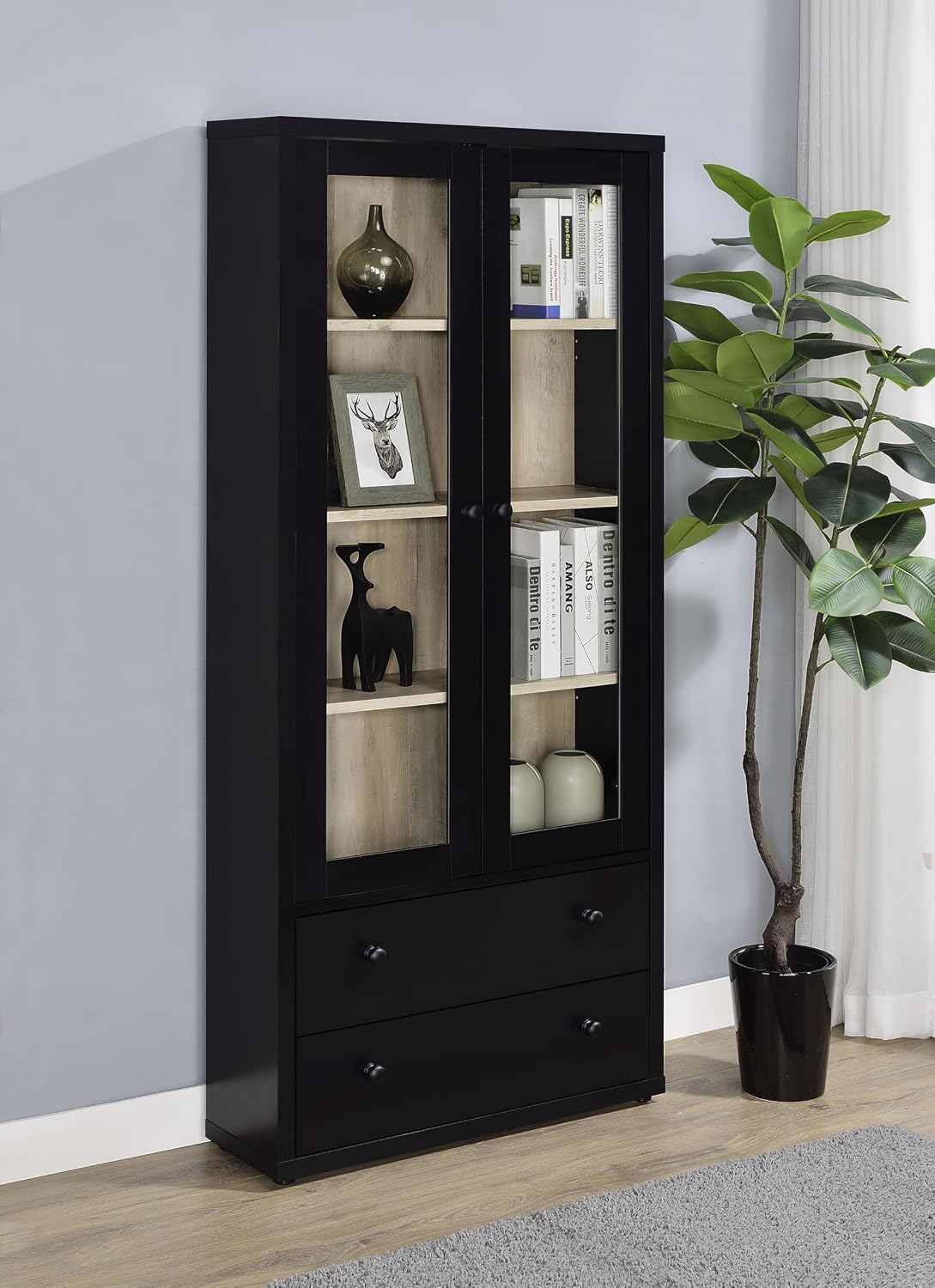 Coaster Home Furnishings - Hawthorne - 4-Shelf Wood Accent Cabinet with Farmhouse Style, Glass Doors, Drawers - Living Room, Entryway & Home Kitchen - Black - 953478