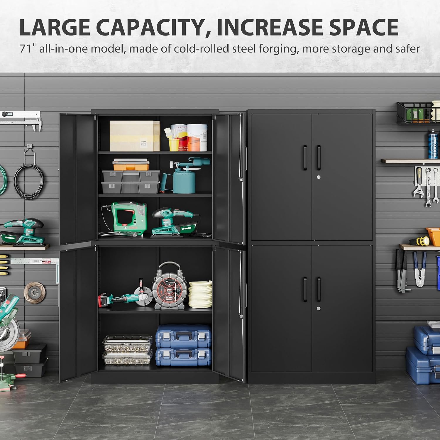 Metal Storage Cabinet with 3 Adjustable Shelves and 4 Doors,71' Garage Storage Cabinet with Lock,Black Metal Cabinets with Locking Doors,Steel Tool Cabinets,Lockable Cupboard for Home,Office,Garage