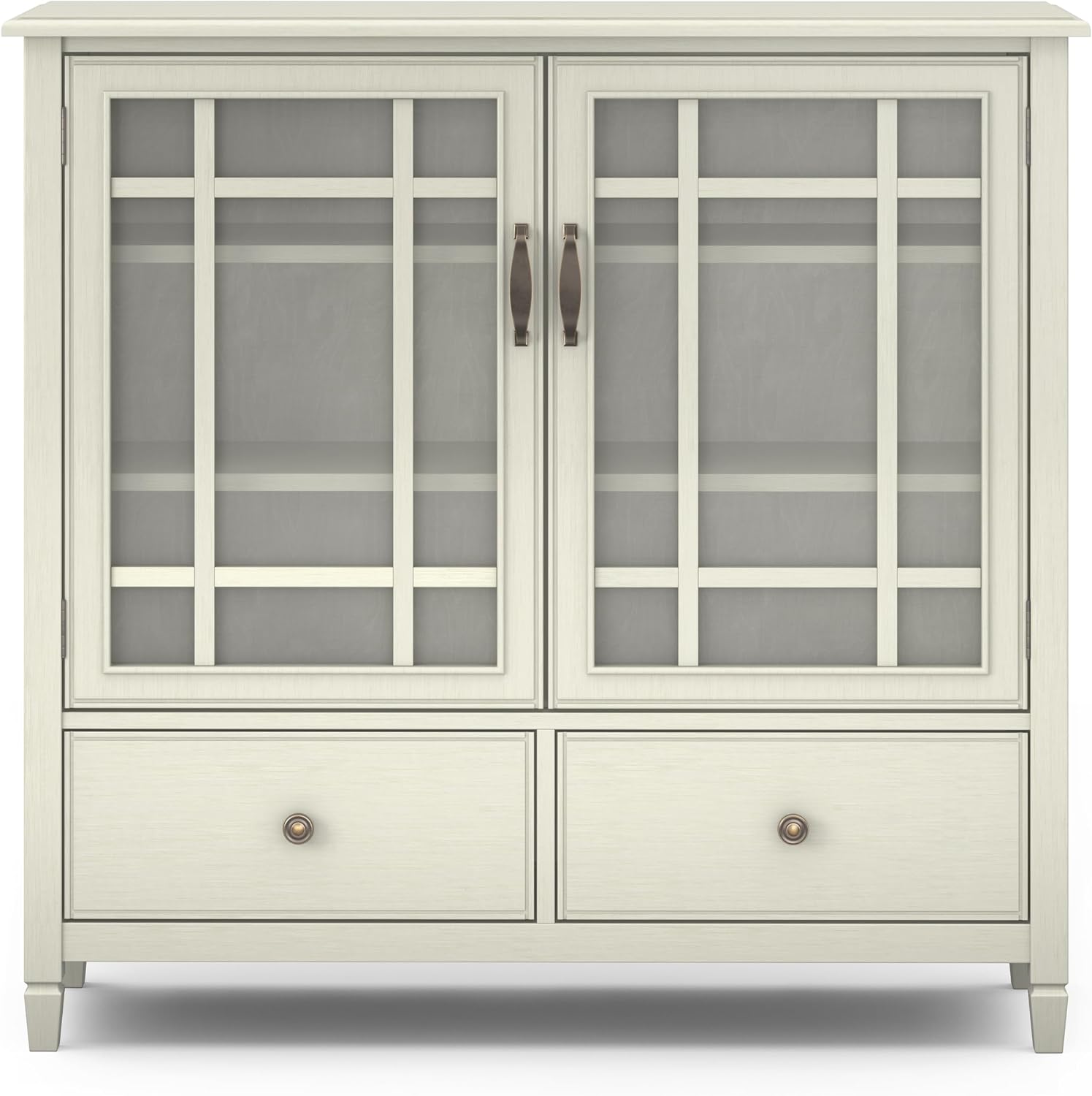SIMPLIHOME Connaught Storage Cabinet - 46 inch Wide Solid Wood Tall Cabinet in Antique White, Traditional Console for Living Room or Dining Room with Glass Doors, Adjustable Shelves, and Drawers