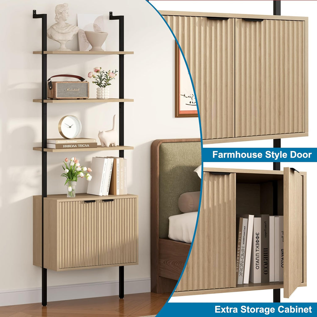 Yusong 73' Tall Bookshelf with Cabinet, Industrial Ladder Wall Mount Shelf Bookcase with Wood and Metal Frame, Plant Shelf Wall Storage Display for Living Room Bedroom, Wavy Light Ivory