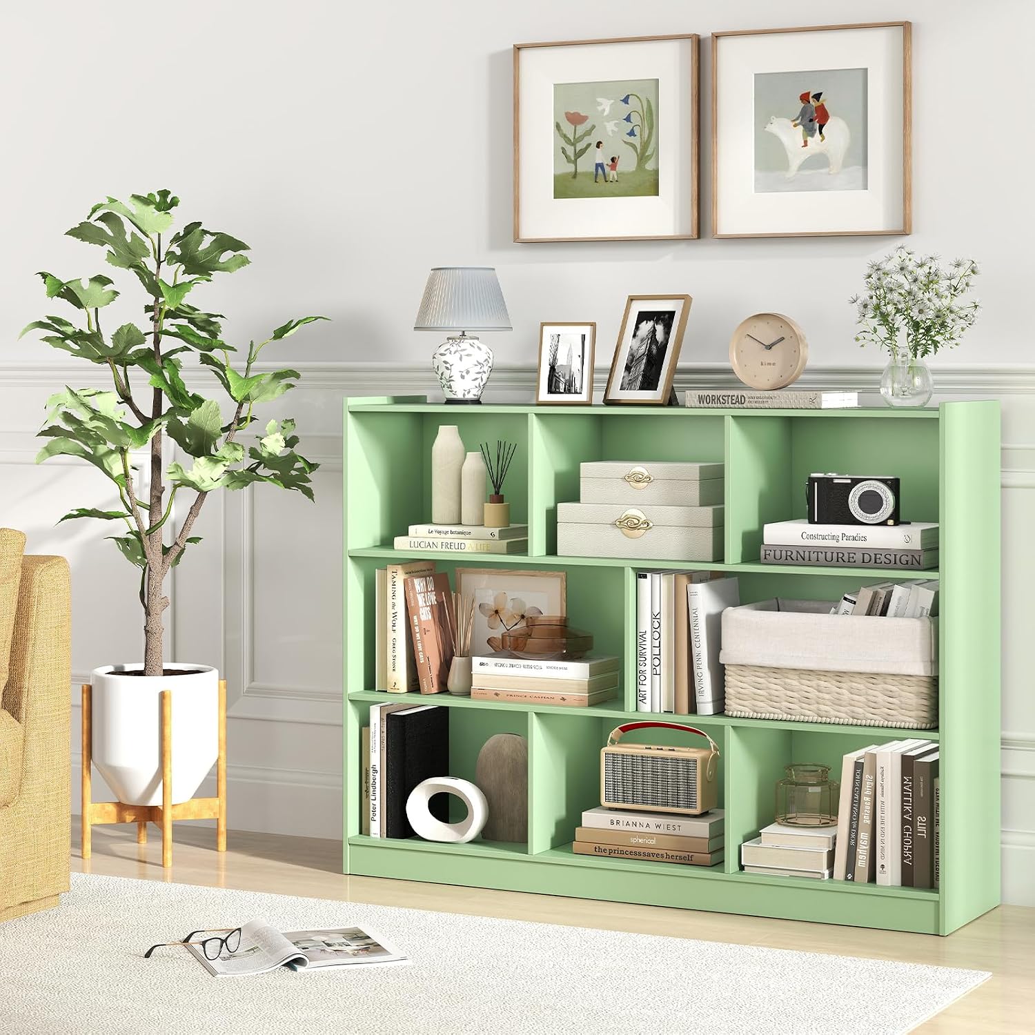 Tangkula 8-Cube Bookcase, Wood 3 Tier Open Storage Bookshelf, Modern Multipurpose Display Cabinet for Living Room, Study, Reading Nook, 48 x 12.5 x 36.5 Inch (Green)
