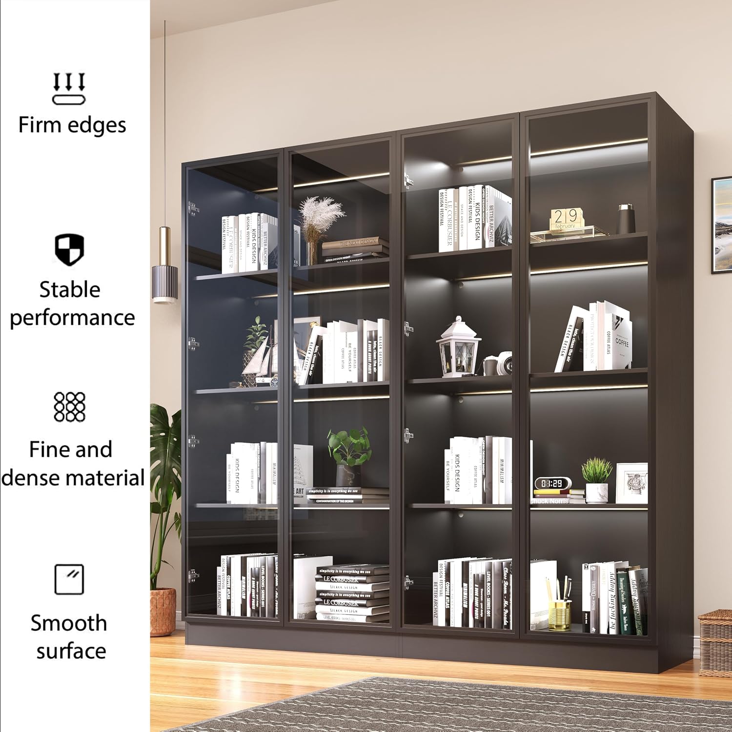 Wildhome Wooden Display Storage Cabinet with Glass Door, LED Lights,Showcase for Collections, Perfume, Vinyl Albums, Bookcase for Home Office, Living Room, Clinic, Pantry (Black- 4 Layers)