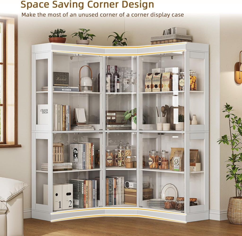 70.1' Large Corner Cabinet with Glass Doors,4 Tiers L-Shaped Storage Cabinet with 12 Shelves & Top Guard Rail，Corner Bookshelf for Living Room, Home Office, White