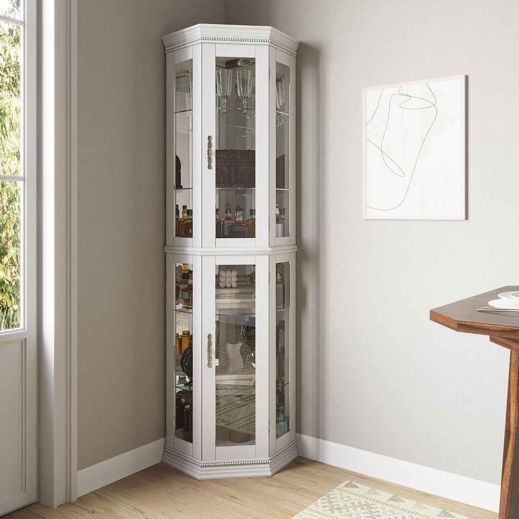 BELLEZE Lighted 3-Side Glass Display Curio Cabinet w/Tempered Glass Doors & Shelves, Accent Wooden Corner Cabinet with Bulb, Corner Storage Decoration Rack for Living Room & Bed-Room Corona (White)