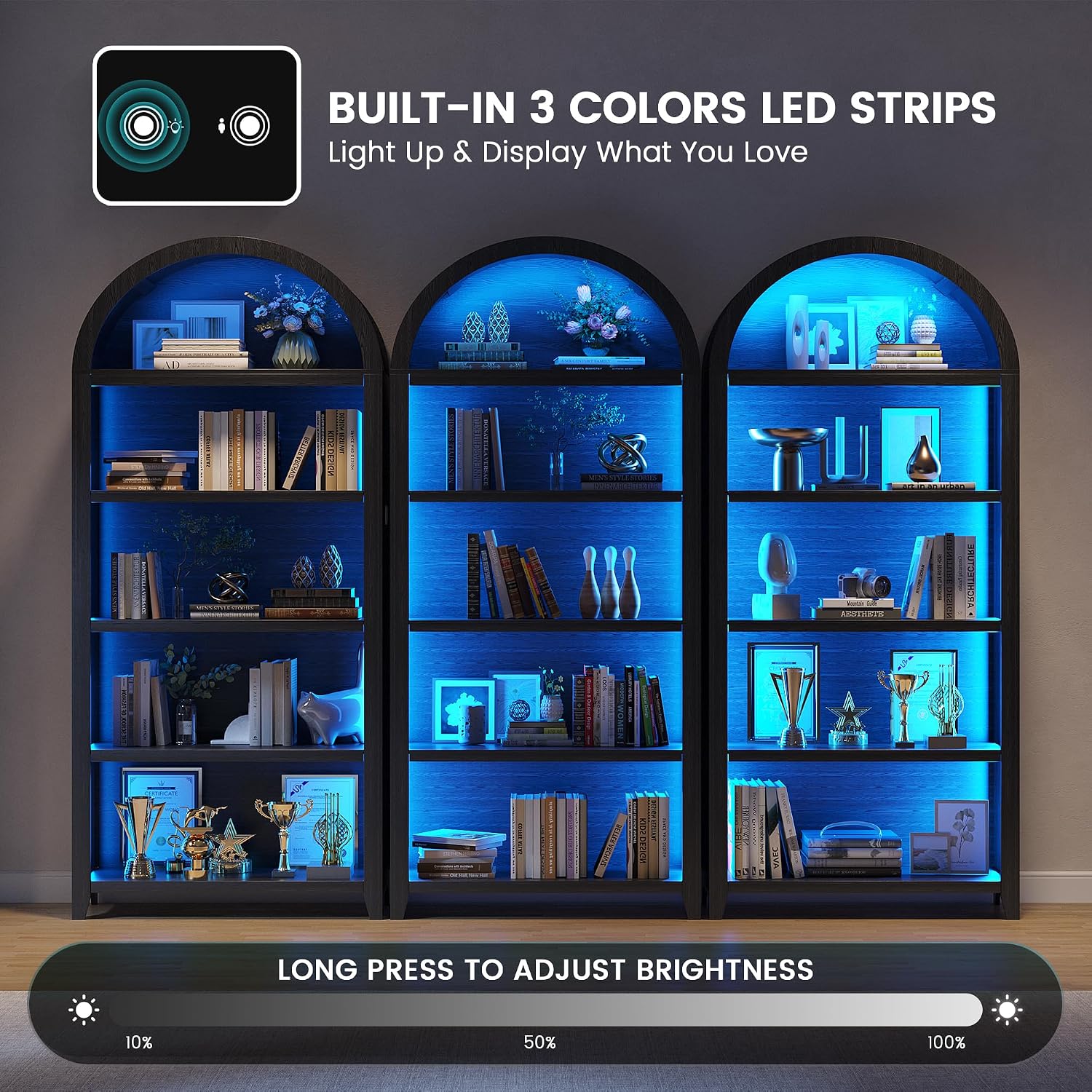 Arch Bookcase - 5 Tiers Bookshelf with 3 Colors LED Sensor Lights and Thickened Wooden Design Display Shelf for Lego Books Bathroom Living Room - Ideal Gift (Black)