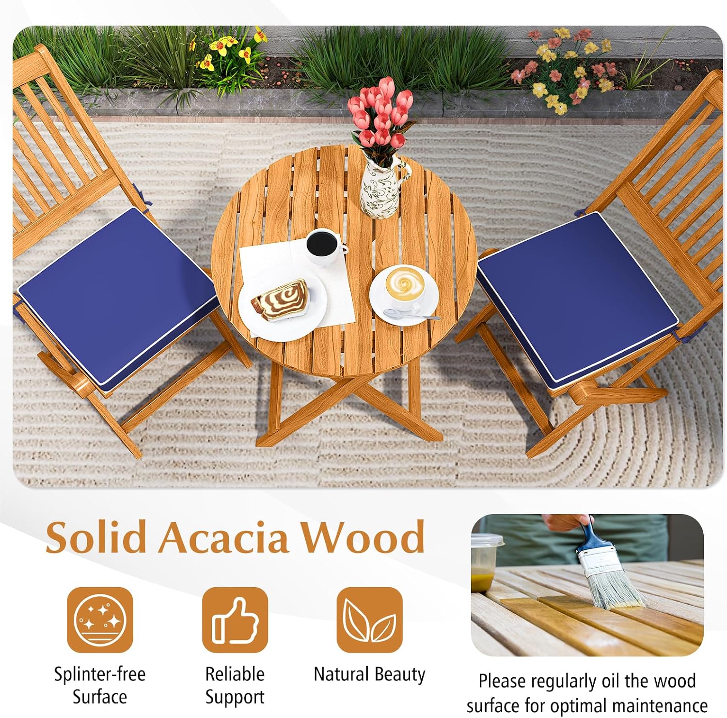Tangkula 3 Pieces Acacia Wood Patio Folding Bistro Set, Outdoor Table and Chairs Set with Soft Cushions, Patio Furniture Set for Porch, Balcony, Garden, Deck and Backyard