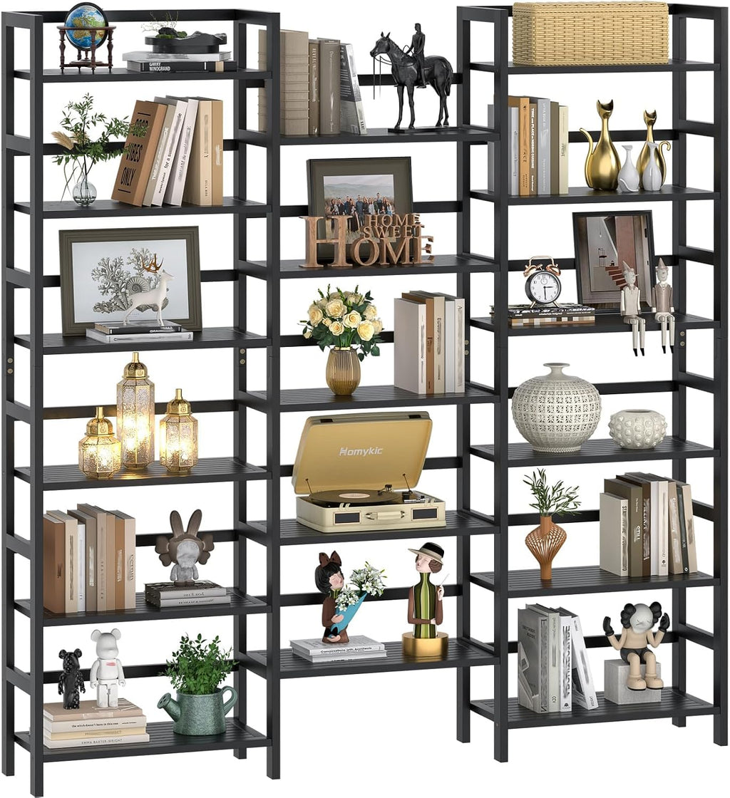 Homykic Bamboo Bookshelf, 71' Tall Triple Wide Bookcase with 17 Open Storage Shelves, 6-Tier Etagere with Back Rails, Large Display Shelf for Books, Plants, Home Office, Max Load 748LBS, Black