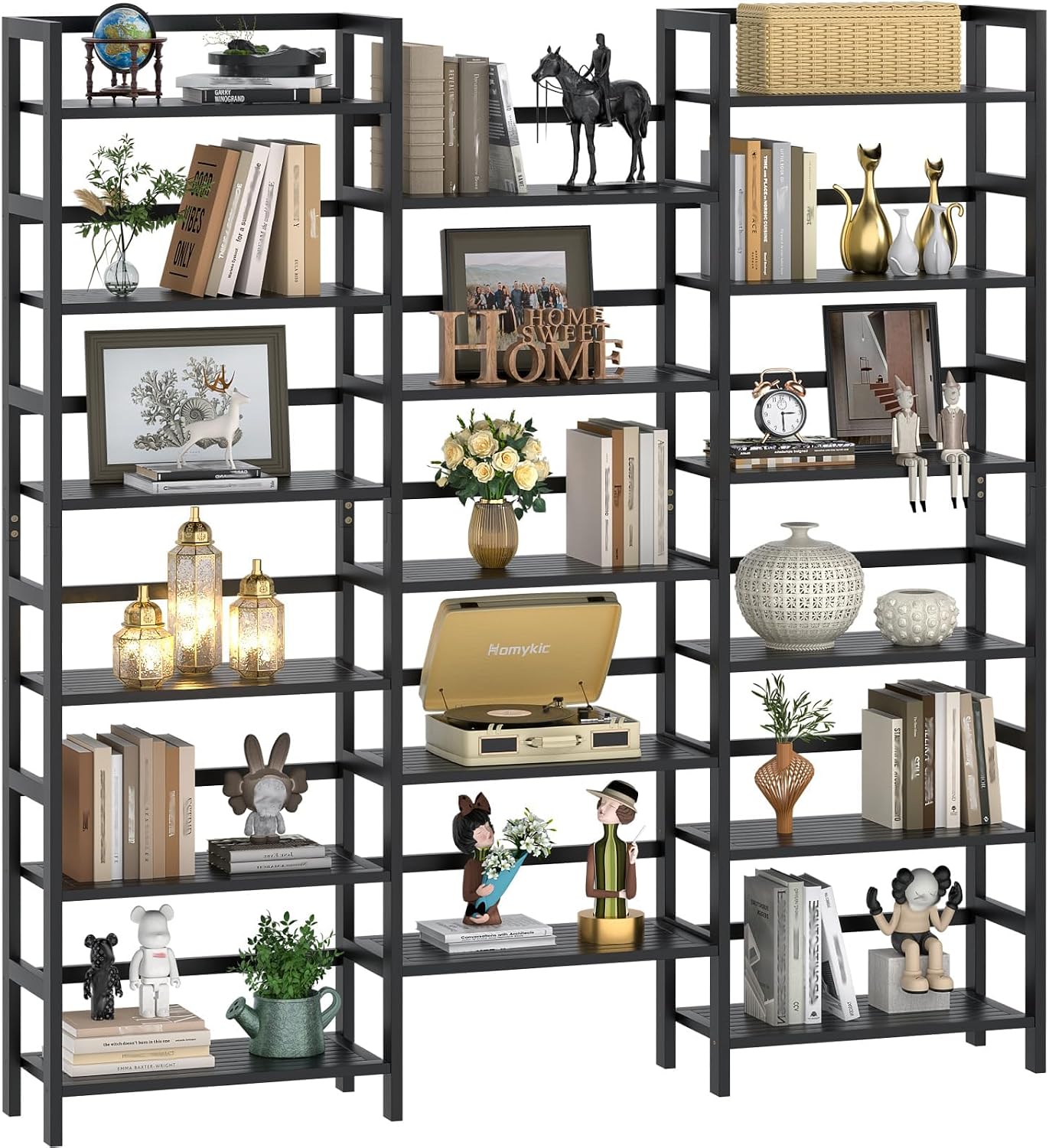Homykic Bamboo Bookshelf, 71' Tall Triple Wide Bookcase with 17 Open Storage Shelves, 6-Tier Etagere with Back Rails, Large Display Shelf for Books, Plants, Home Office, Max Load 748LBS, Black