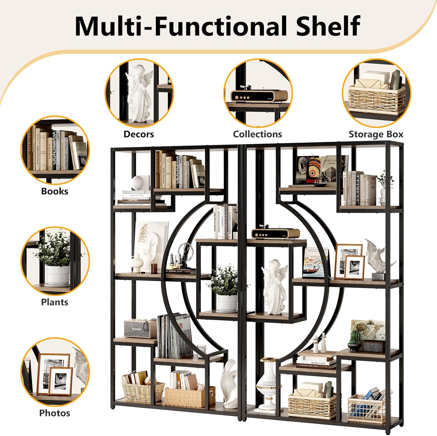 HolliWill 70.8' Tall Bookshelf Set of 2, 79' Wide Geometric Display Shelf with 18 Open Storage Shelves, Etagere Bookcase for Living Room, Office, Bedroom - Anti-Tip & Adjustable Feet