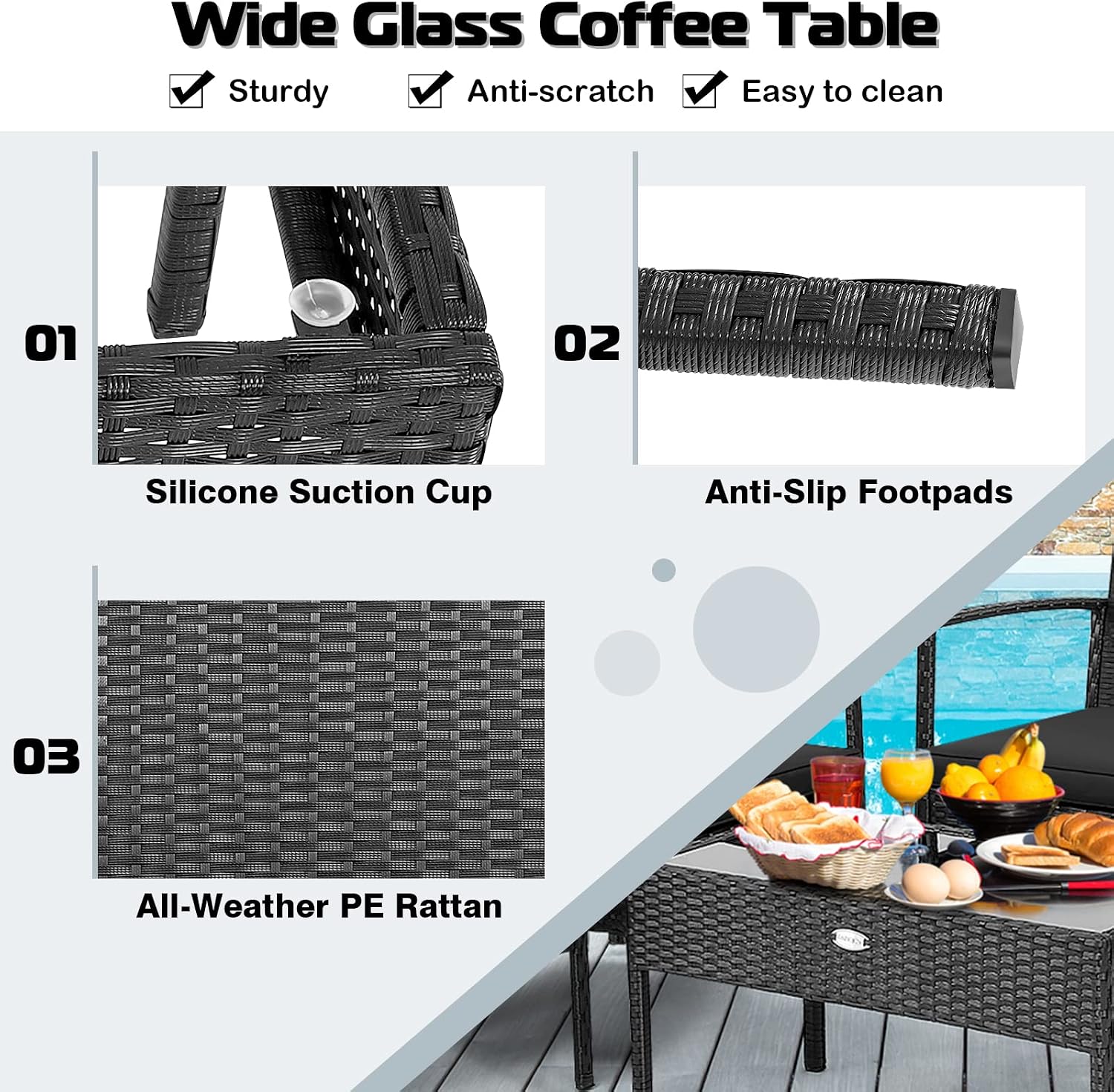 Tangkula 4 Piece Patio Rattan Conversation Set, Outdoor Wicker Furniture Set W/Glass Coffee Table, Solid Steel Structure, Ergonomic Seat, Suitable for Garden, Courtyard, Balcony, Poolside