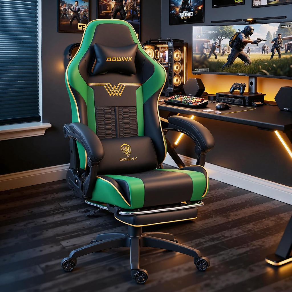 Dowinx Big and Tall Gaming Chair 350LBS, Racing Style Ergonomic Computer Chair with Side-Mounted Recline Control, Footrest & Massage Lumbar, High Back Chair with Embroidered Design for Work, Green