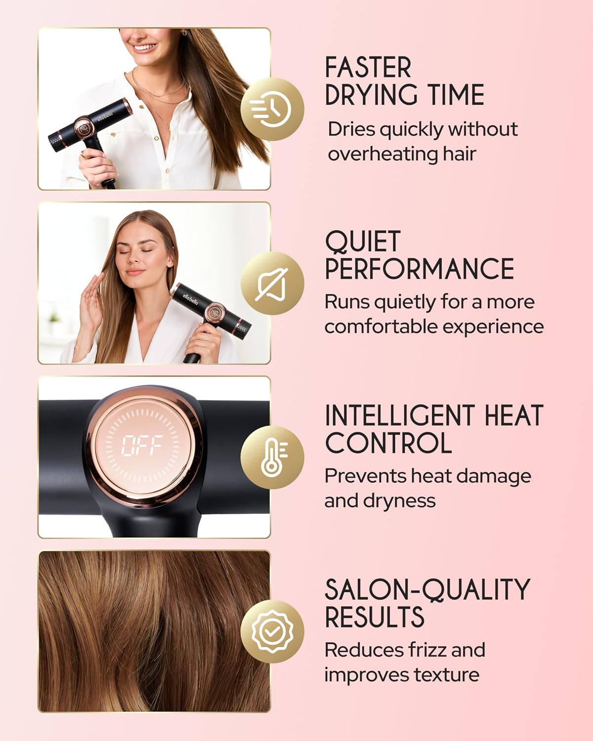 ELLA BELLA® Professional Ionic Hair Dryer with Diffuser • Negative Ion Blow Dryer • Suitable All Hair Types • Intelligent Heat Control & Rapid Drying Speeds • Lightweight Design • Low Noise Technology