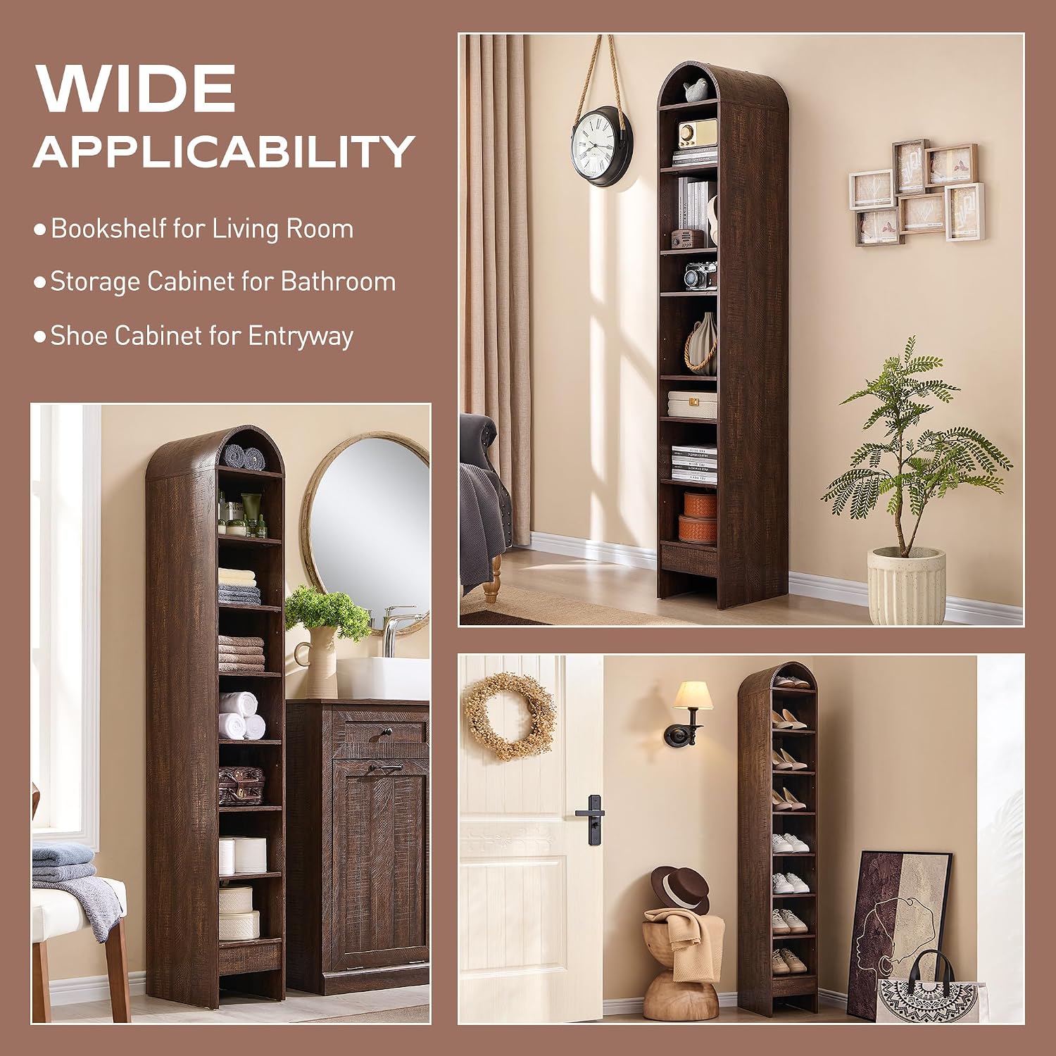 IFGET 67' Tall Arched Bookshelf, 8 Tiers Arch Bookcase with Storage, Modern Farmhouse Book Shelf with Adjustable Shelves, Wood Bookshelf w/Open Display Shelves for Living Room, Office (Brown)