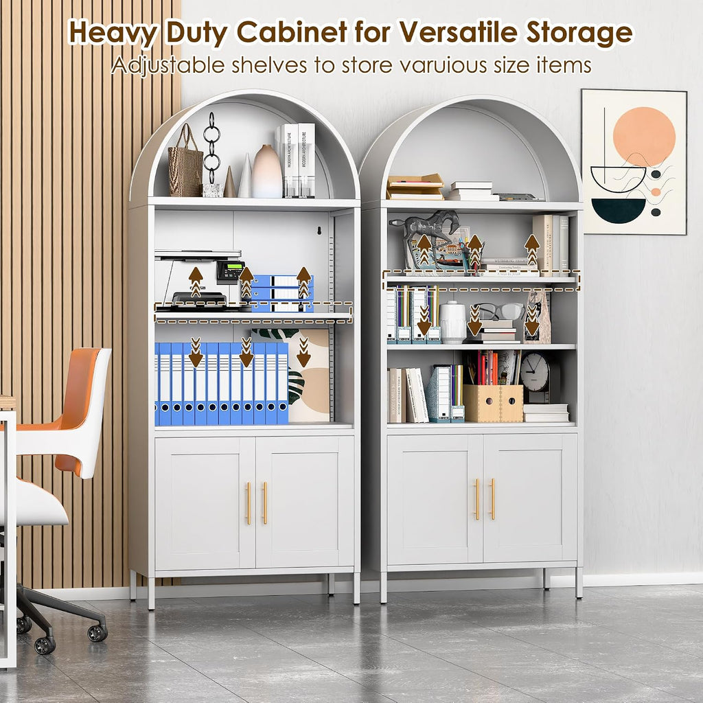 VEXPOR 73' Tall Metal Arched Bookcase with Doors, 5-Tier Arched Bookshelf with 2 Adjustable Shelves for Living Room, Home Office, Assembly Required, White, 15.35' D x 30.71' W x 72.83' H