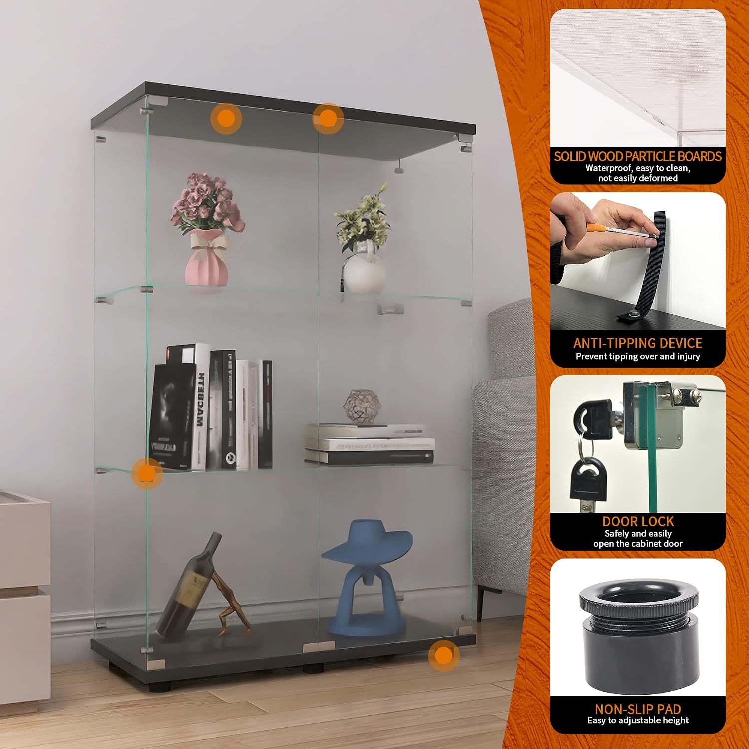 Beauty4U 2 Doors Glass Display Cabinet with 3 Shelves, Curio Cabinets for Living Room, Bedroom, Office, Black Floor Standing Glass Bookshelf, Quick Installation