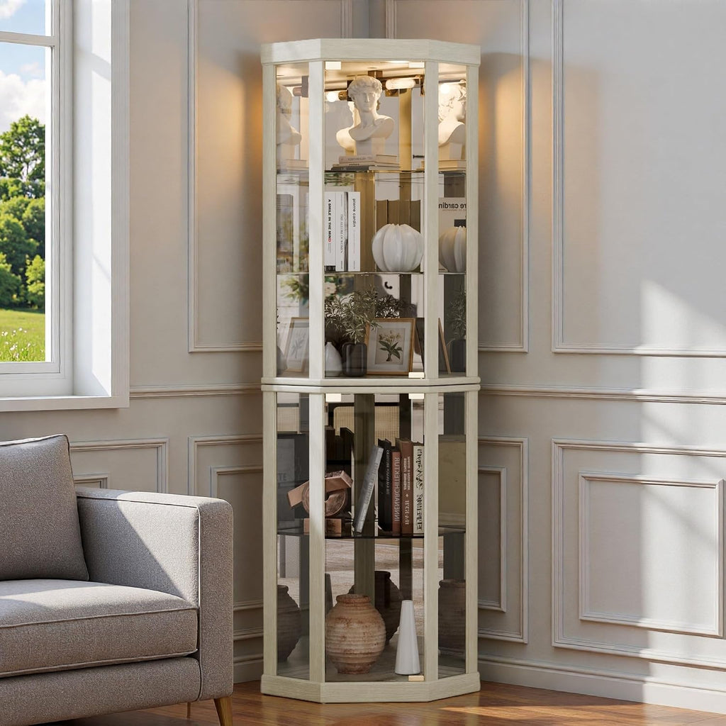 Lighted 3-Side Glass Display Curio Cabinet, Corner China Cabinet with Tempered Glass Doors, Wooden Display Case with Light Bulb for Living Room, Antique White