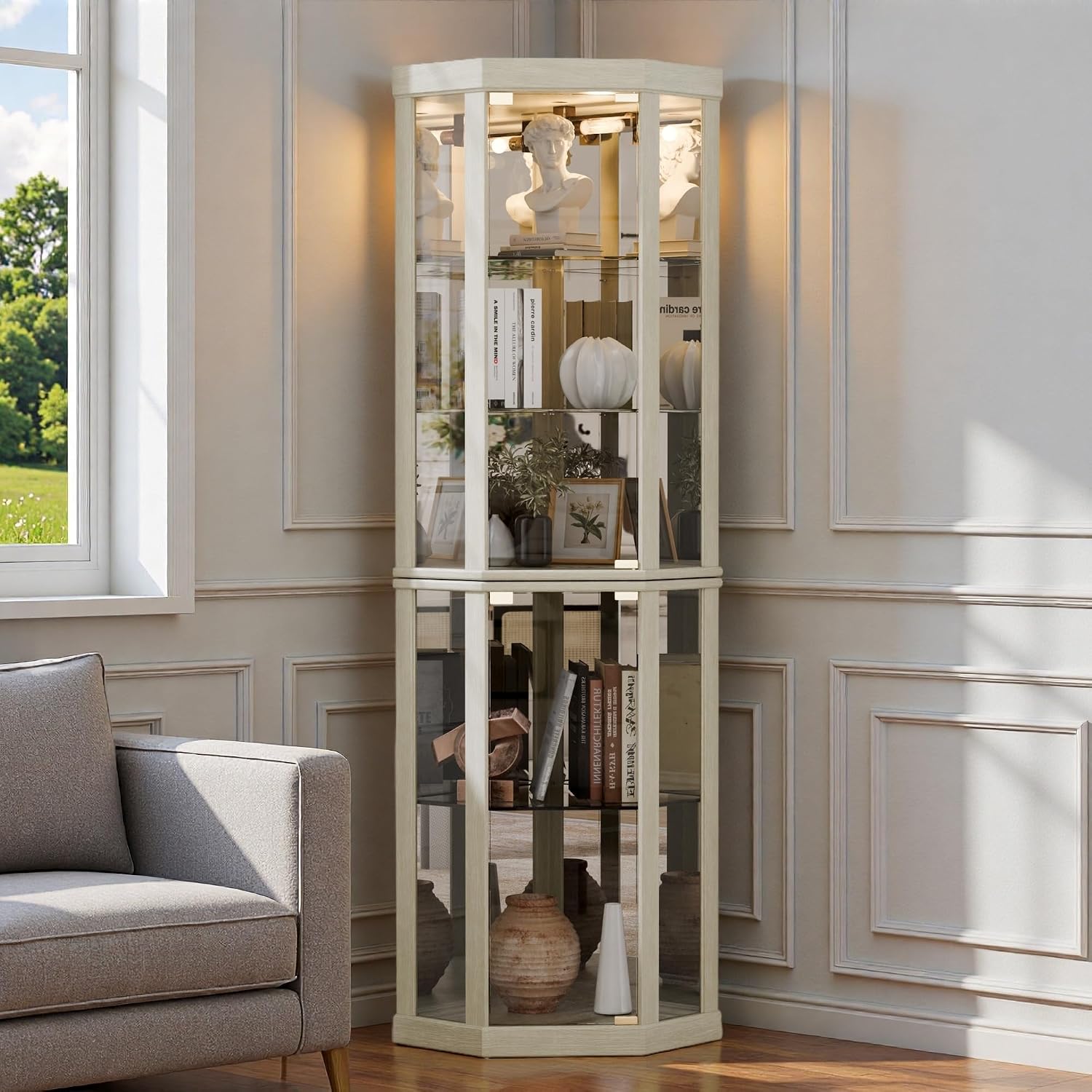 Lighted 3-Side Glass Display Curio Cabinet, Corner China Cabinet with Tempered Glass Doors, Wooden Display Case with Light Bulb for Living Room, Antique White