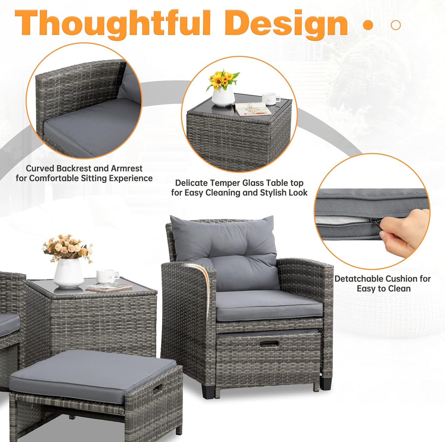 Shintenchi 5 Pieces Patio Furniture Set, Outdoor Wicker Patio Conversation Set with Ottoman, All Weather Rattan Outside Chairs with Coffee Table & Cushion for Porch, Garden, Backyard, Gray