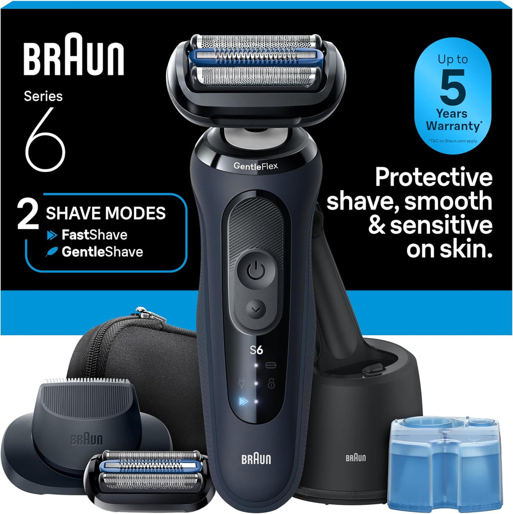 Braun Electric Razor for Men Series 6 with Precision Trimmer, Extra Shaver Head, 4-in-1 Clean & Charge Center, Travel Case, S6 6177ps