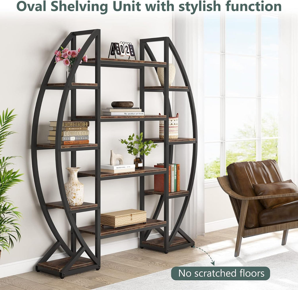 Tribesigns Oval Bookshelf, Triple Wide 5 Tier Etagere Bookcase, Industrial Display Shelves for Living Room (Brown, 55')