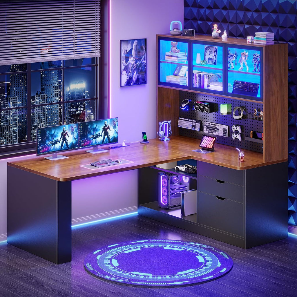 SEDETA L Shaped Office Desk, Computer Desk with 3 Wood Drawer and Large Bookshelf, L Shaped Corner Gaming Desk with LED Light, Display Cabinet and Pegboard, 27.5' W Large Desktop Table, Brown