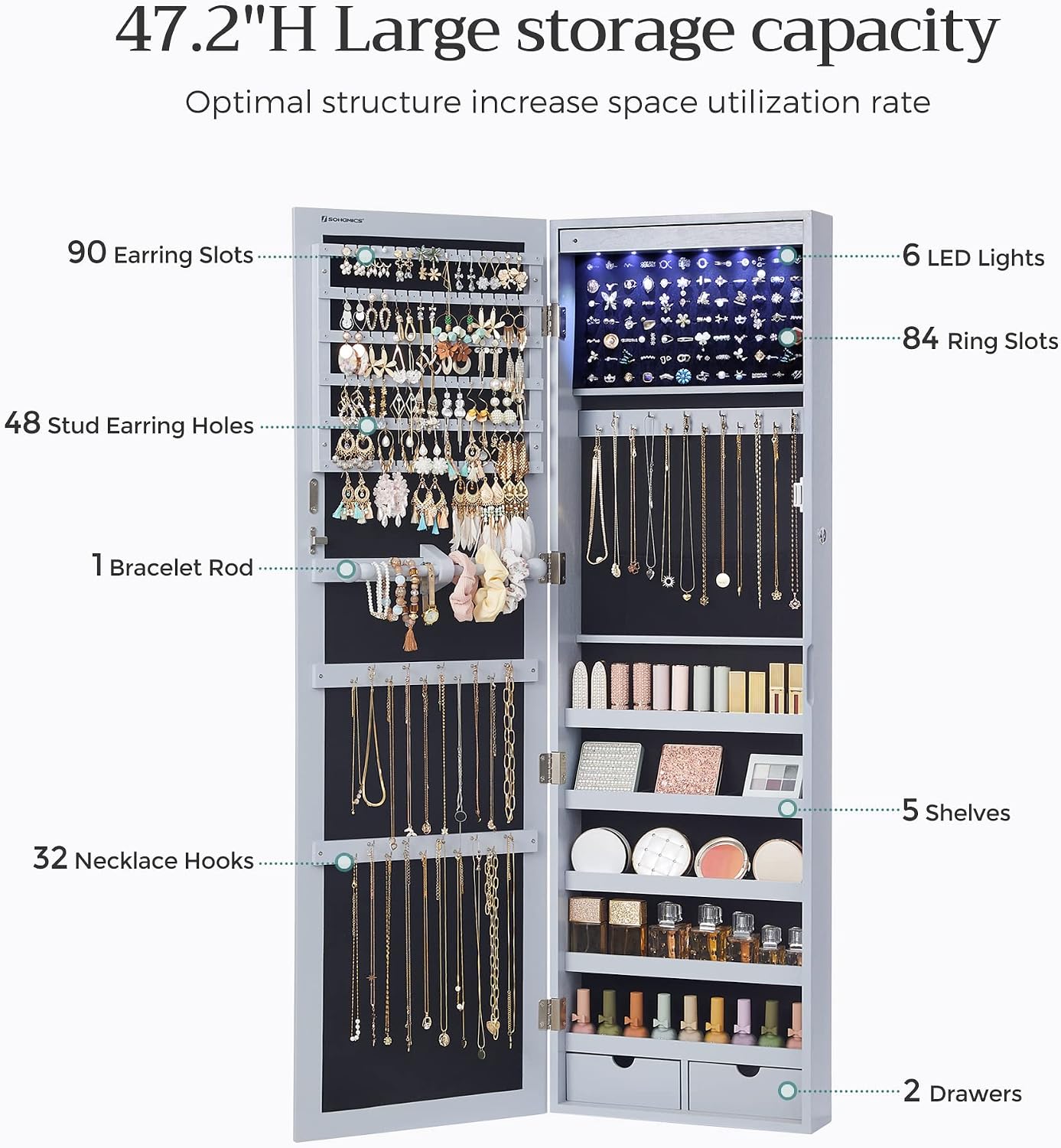 SONGMICS 6 LEDs Mirror Jewelry Cabinet, 47.2-Inch Tall Lockable Wall or Door Mounted Jewelry Armoire Organizer with Mirror, 2 Drawers, 3.9 x 14.6 x 47.2 Inches, Gray UJJC93GY