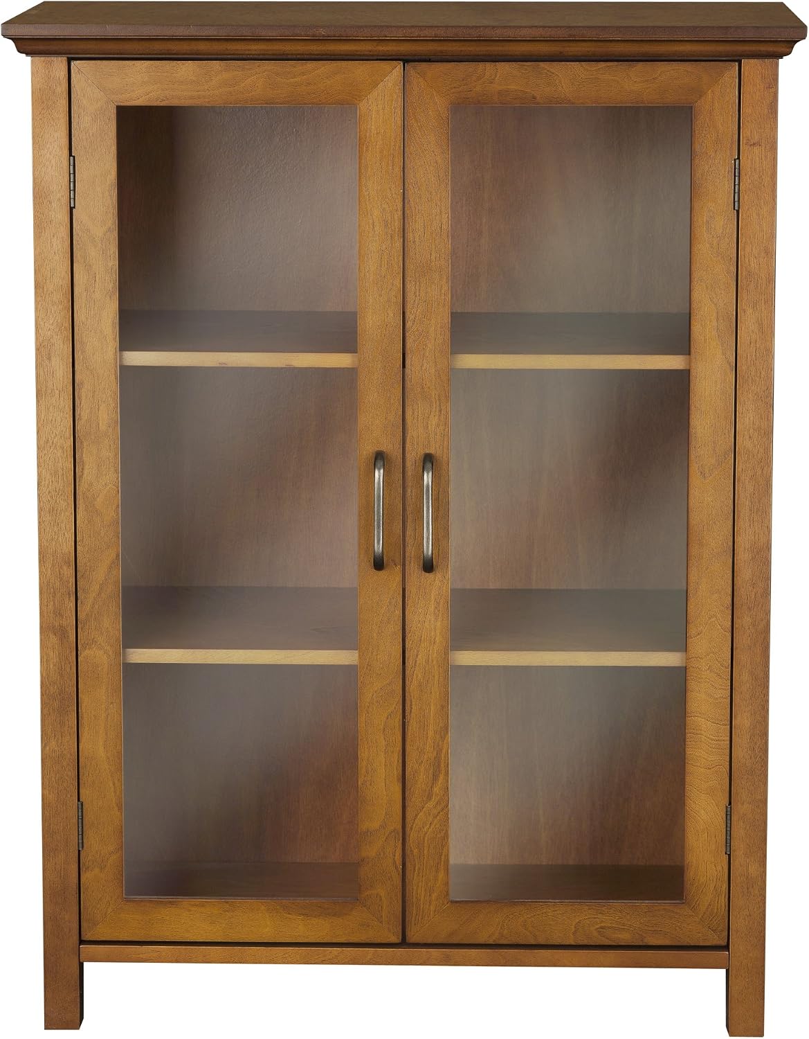 Teamson Home Avery Wooden Freestanding Floor Cabinet with 2 Adjustable Shelves 3 Storage Spaces 2 Glass Paneled Doors and 2 Antique Brass Knobs, Oiled Oak