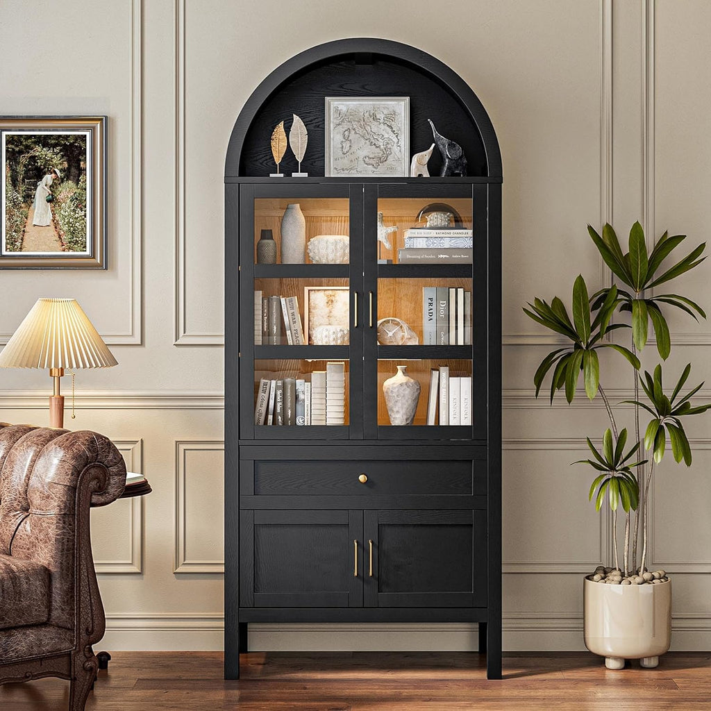 71' Display Arched Storage Cabinet with Glass Doors & Auto Sensor LED Lights, Tall Modern Black Storage Cabinets with Drawers and Adjustable Shelves for Dining Room/Bathroom/Kitchen/Office