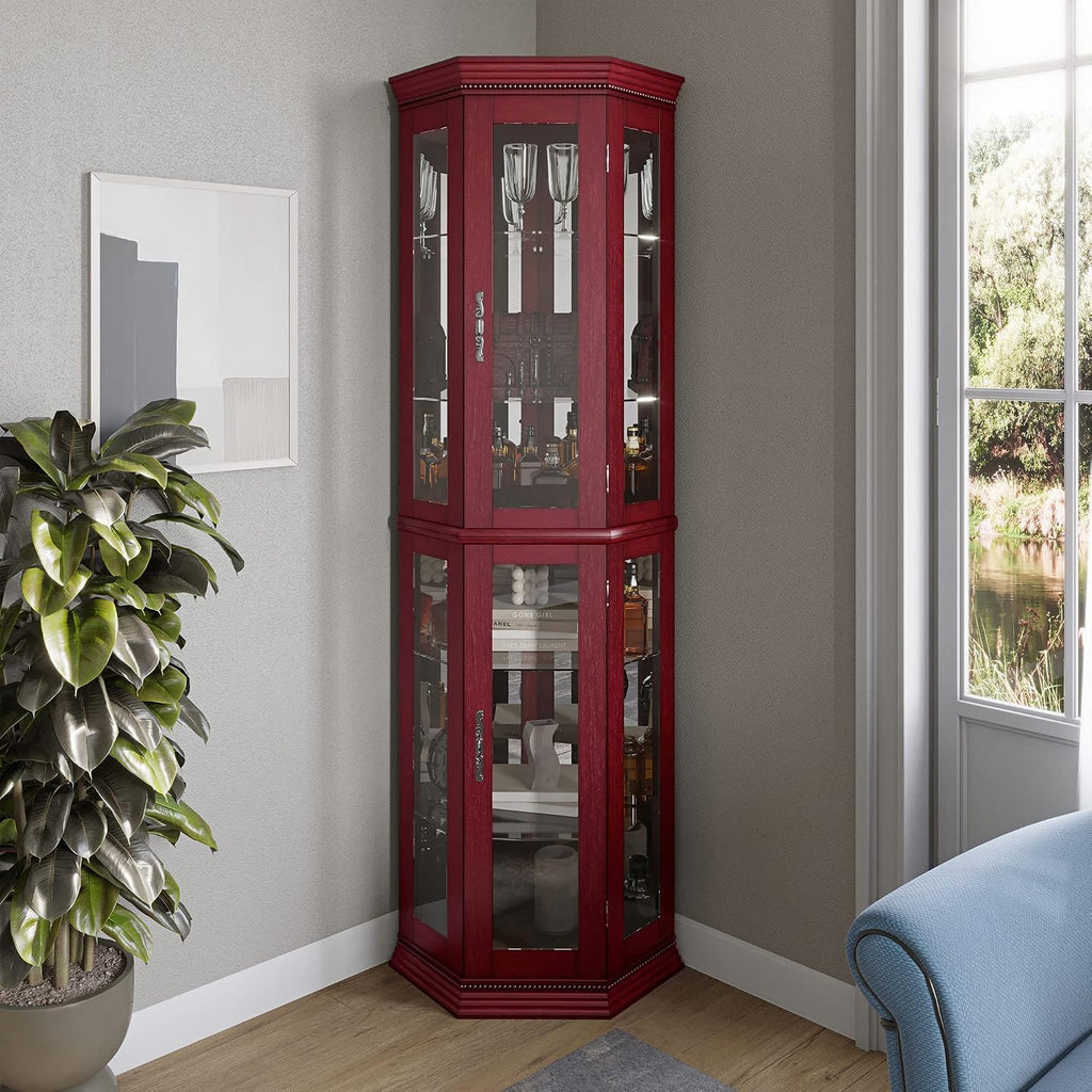 BELLEZE Lighted Wooden Corner Display Curio Cabinet, Two Section Shelving Unit with Tempered Glass Door, Bar and Liquor Storage Area with 6 Shelves - Lorona (Cherry)