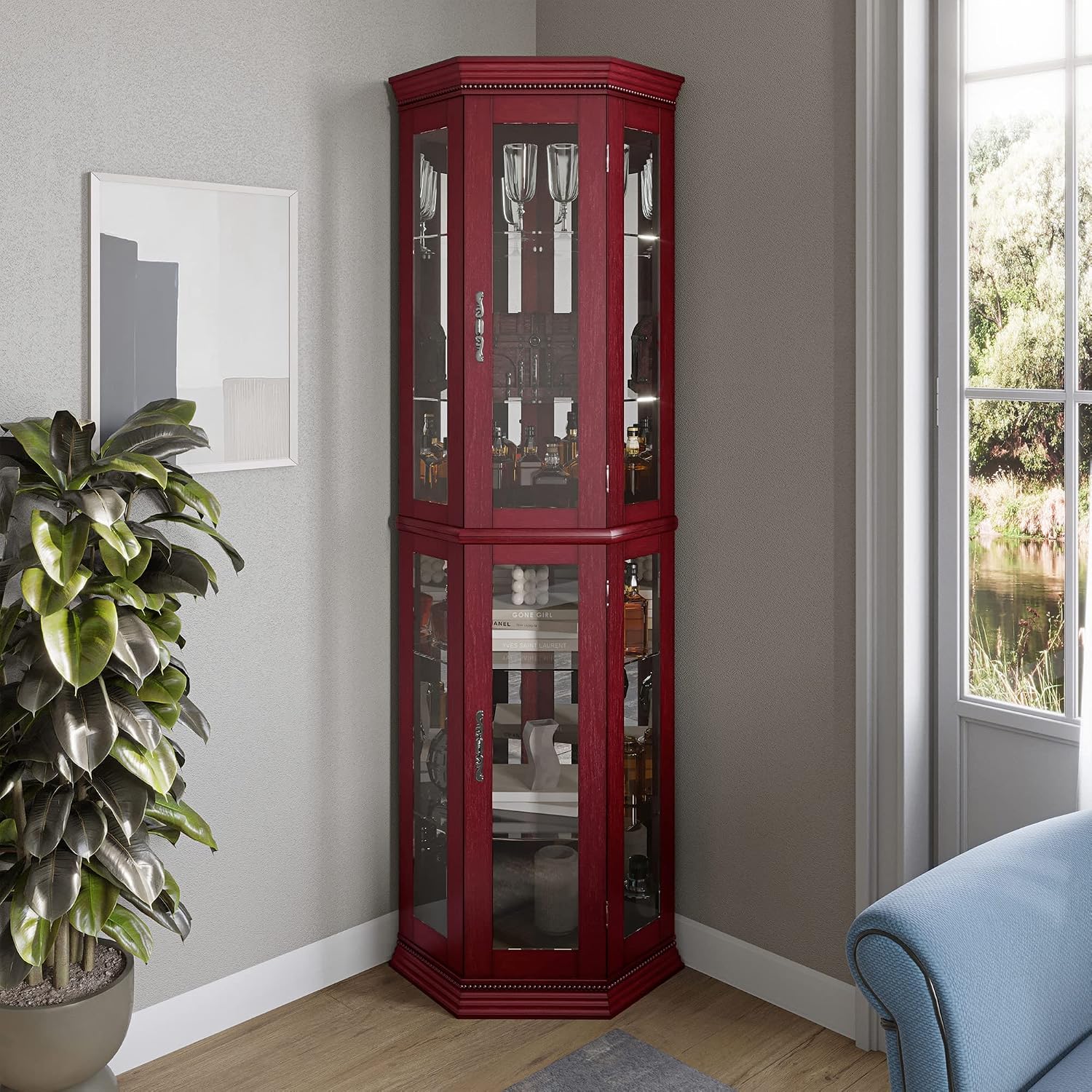 BELLEZE Lighted Wooden Corner Display Curio Cabinet, Two Section Shelving Unit with Tempered Glass Door, Bar and Liquor Storage Area with 6 Shelves - Lorona (Cherry)