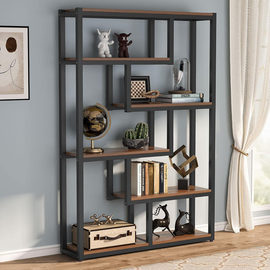 Tribesigns 6-Shelf Industrial Bookshelf Set of 2, Vintage Etagere Bookcase, 69 Inch Tall Storage Display Staggered Shelves with Sturdy Metal Frame for Home Office, Dark Walnut