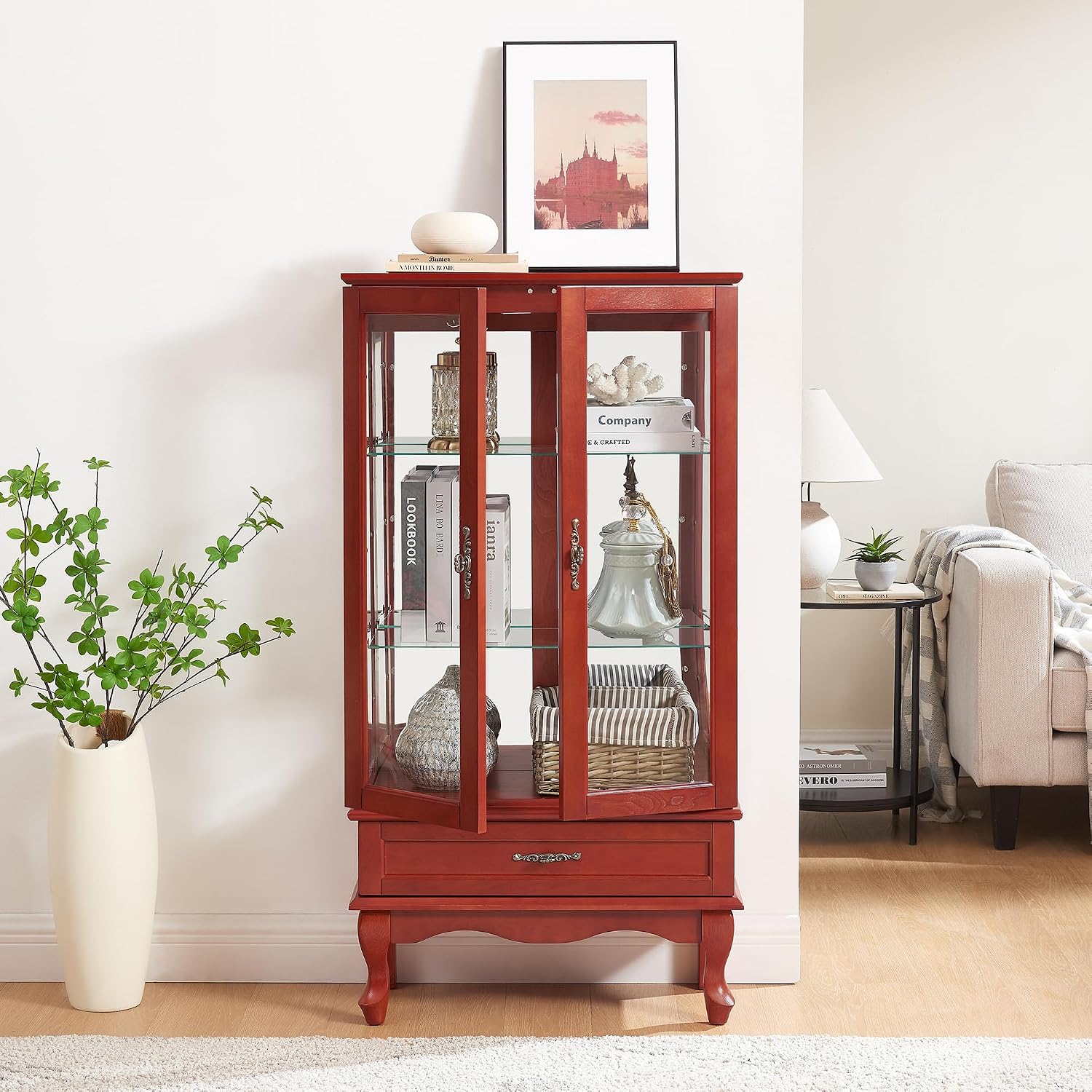 49' H Lighted Curio Cabinet Display Case, Glass Curio Cabinet with Adjustable Shelves,Tempered Glass Door and Drawer, Wooden Cabinets w/Mirrored Back Pane for Living Room (Cherry)