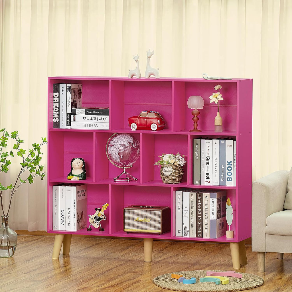 LEYAOYAO 10 Cube Bookshelf,3 Tier Modern Wide Bookcase with Legs,Mid-Century Wood Bookshelves Storage，Pink Large Book Case,Freestanding Organizer Display Shelf for Bedroom,Living Room,Office