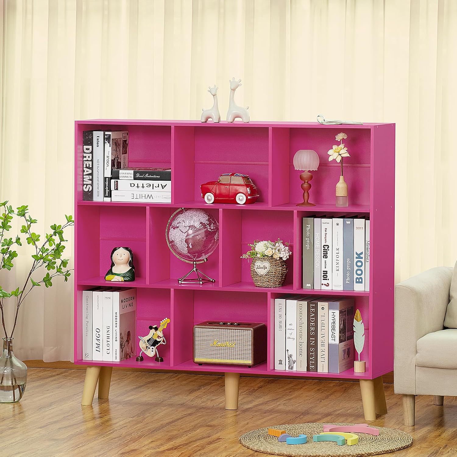 LEYAOYAO 10 Cube Bookshelf,3 Tier Modern Wide Bookcase with Legs,Mid-Century Wood Bookshelves Storage，Pink Large Book Case,Freestanding Organizer Display Shelf for Bedroom,Living Room,Office