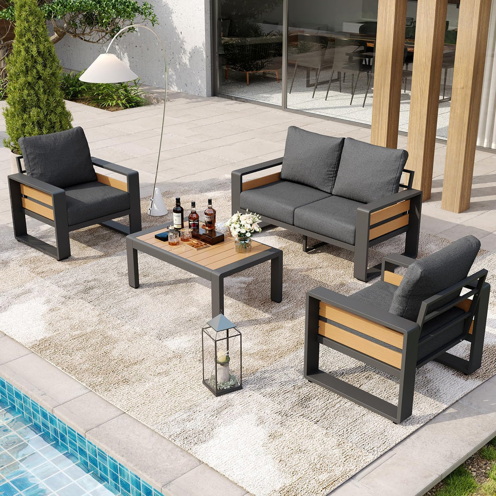 Aoxun Aluminum Patio Furniture Set, 4 Piece Luxury Outdoor Sectional with 6' Olefin Fabric Cushions, Patio Conversation Sets with Coffee Table and Waterproof Cover for Backyard, Porch Dark Grey