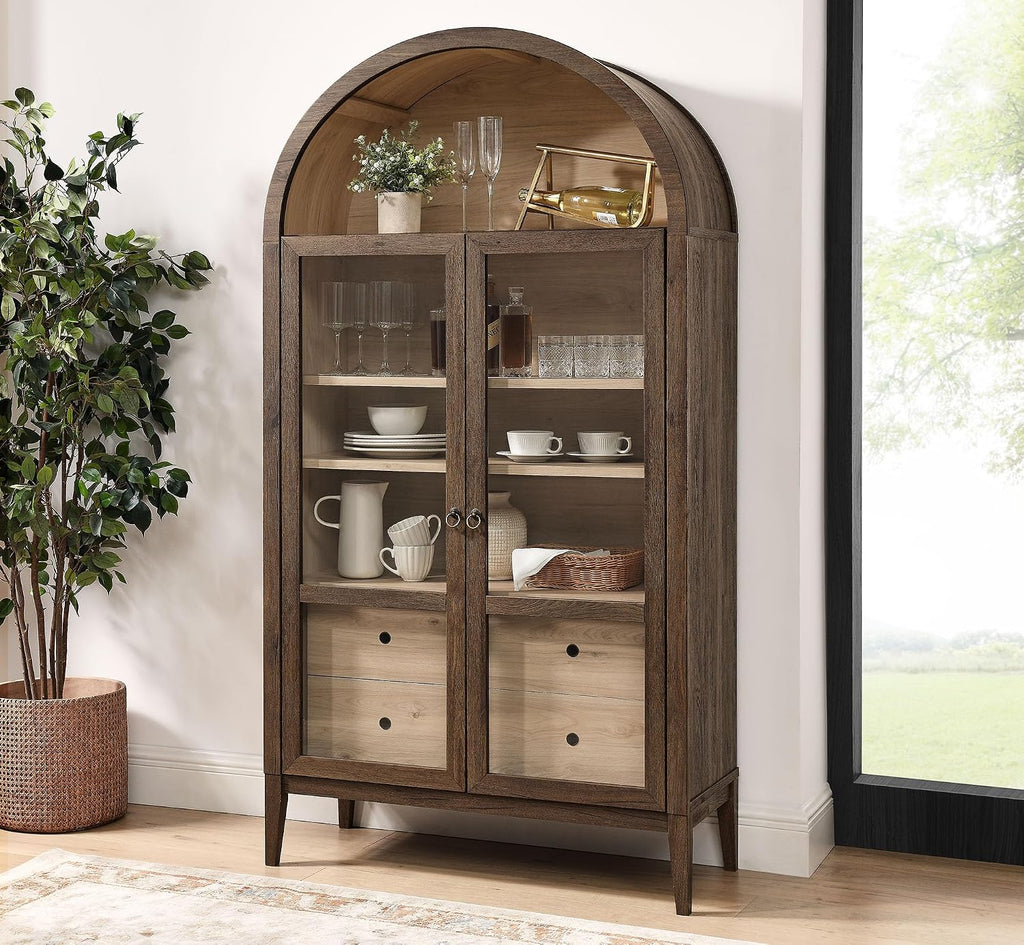 Modway Nolan Tall Arched Storage Display Cabinet in Walnut Light Oak - 74 Inch Arch Bookshelf with Glass Doors, Shelves and Drawers - Modern Accent Cabinet for Living Room, Dining Room