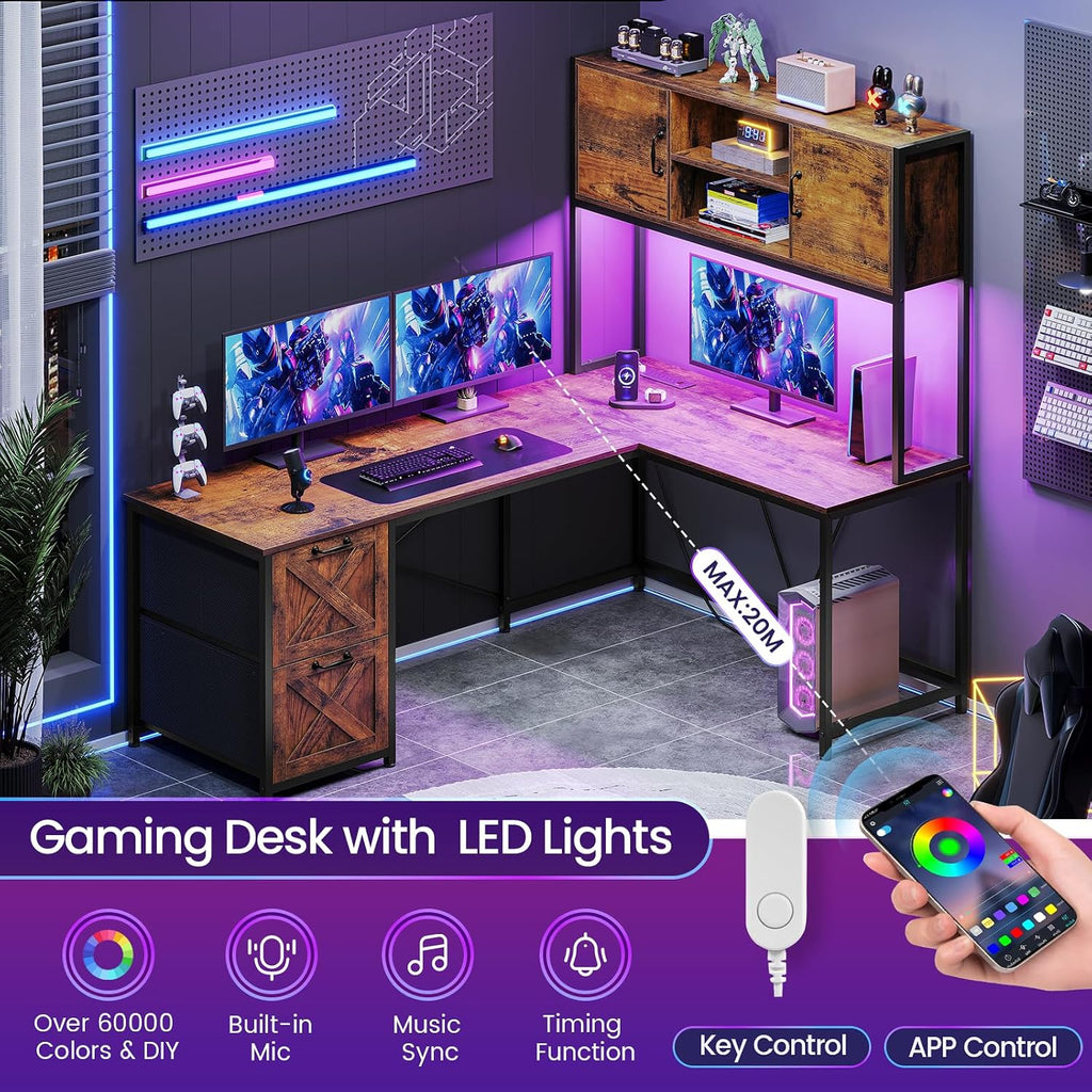 SEDETA L Shaped Desk with Drawers, 62.2' Home Office Desk with Fabric File Drawers and Power Outlet, L Shaped Desk with Hutch, Storage Shelves, LED Lights, Rustic Brown