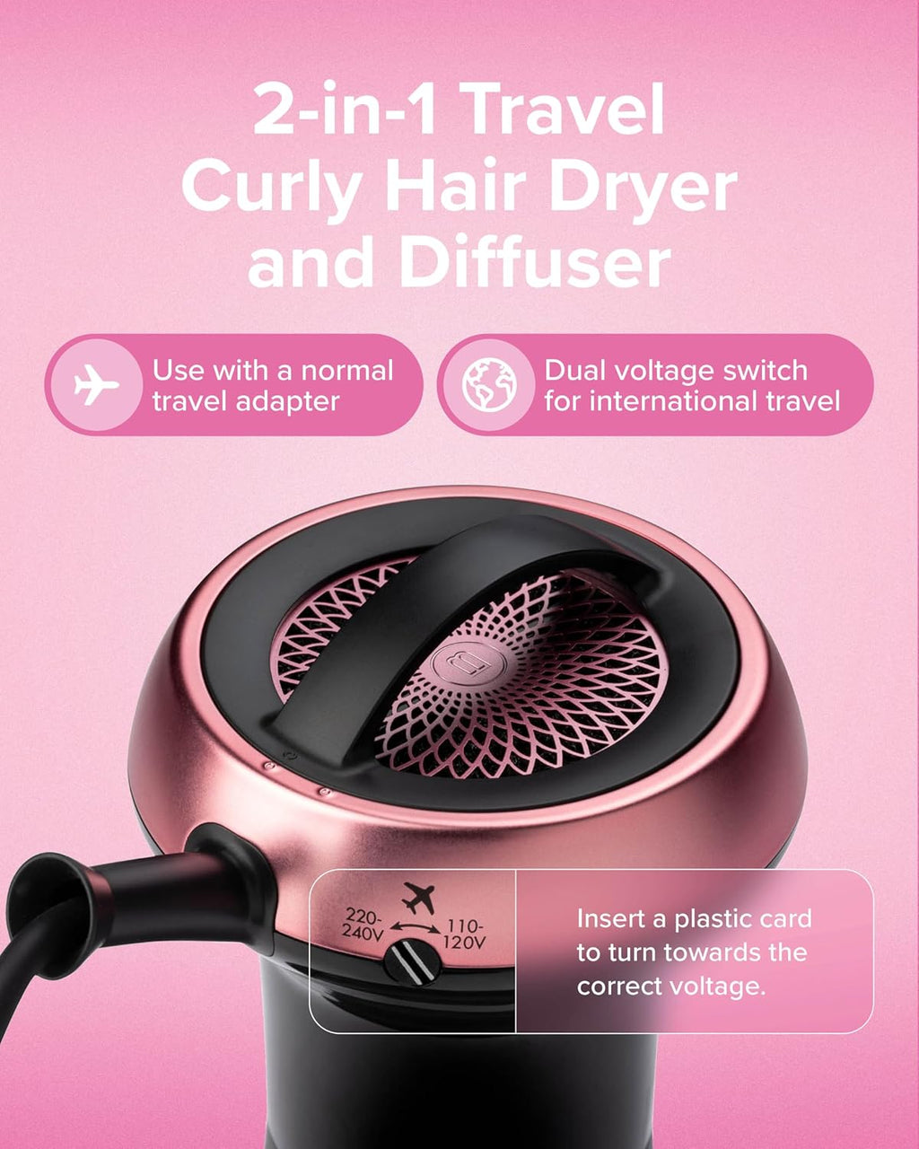 Bellissima Diffon Worldwide Diffuser Hair Dryer for Curly Hair - Dual Voltage 2-in-1 Blow Dryer with Diffuser - Reduces Frizz, Defines Curls, Volumizes - Lightweight, Easy Hold Handle