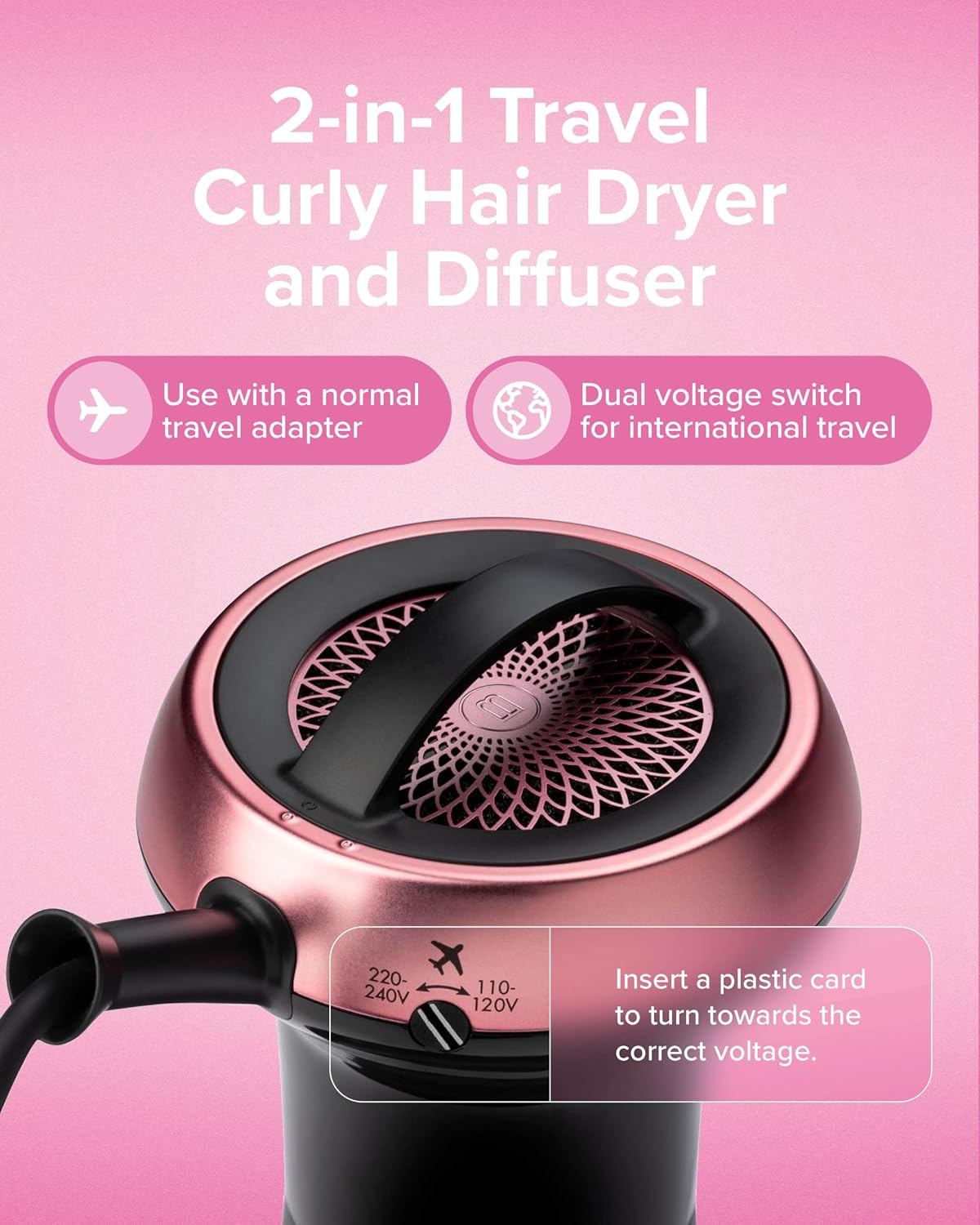 Bellissima Diffon Worldwide Diffuser Hair Dryer for Curly Hair - Dual Voltage 2-in-1 Blow Dryer with Diffuser - Reduces Frizz, Defines Curls, Volumizes - Lightweight, Easy Hold Handle