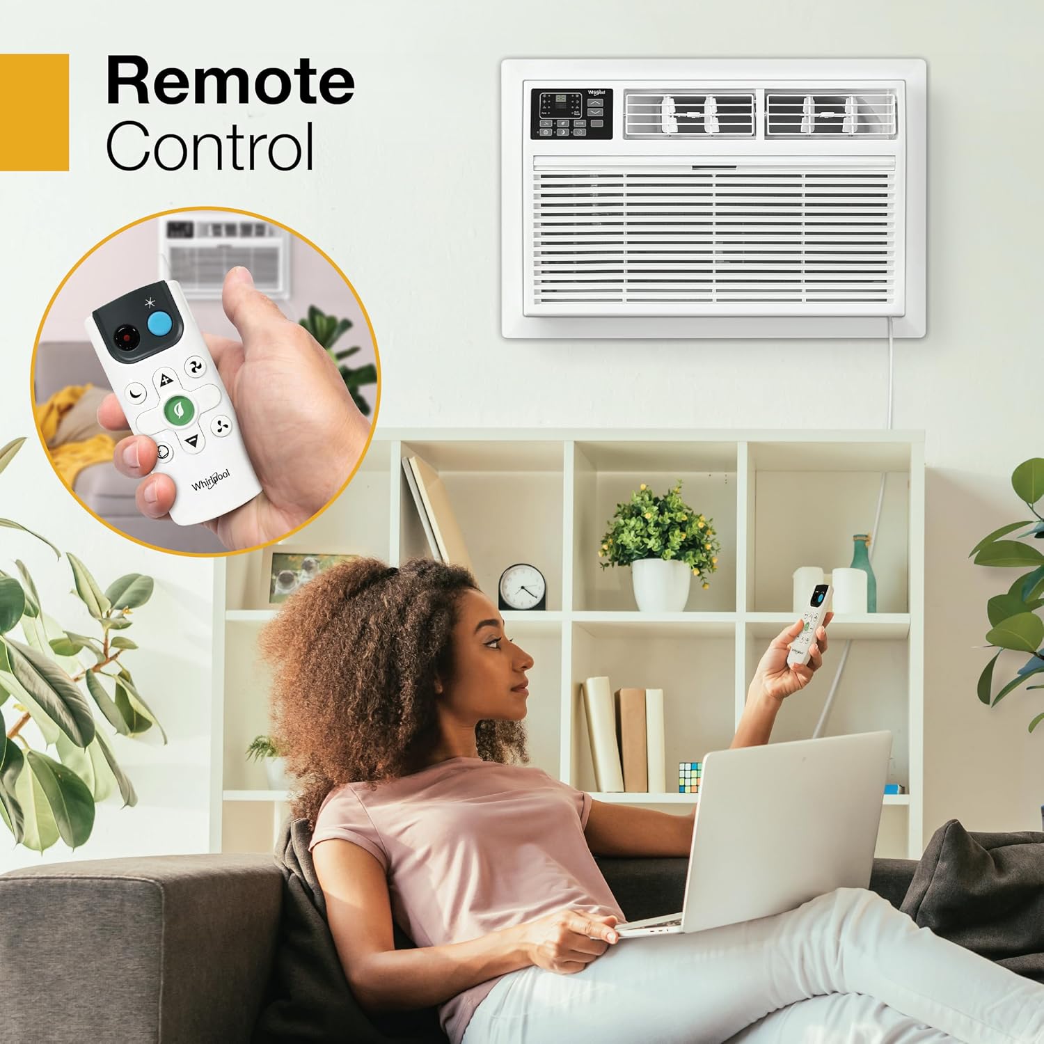Whirlpool 8,000 BTU Through the Wall Air Conditioner, 115V, Cools up to 350 Sq. Ft. for Living Room, Bedroom, Kitchen with Dehumidifier and Remote Control, White