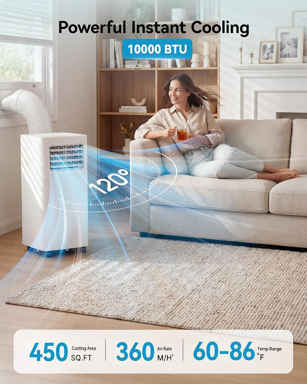 Feelfunn 10,000 BTU Portable Air Conditioner - Cools 450 Sq. Ft., 3-in-1 Portable AC Unit with Cool/Fan/Dehumidifier/Sleep, Quiet AC with LED Display, Remote & 24H Timer, for Bedroom, Dorm, Apartment