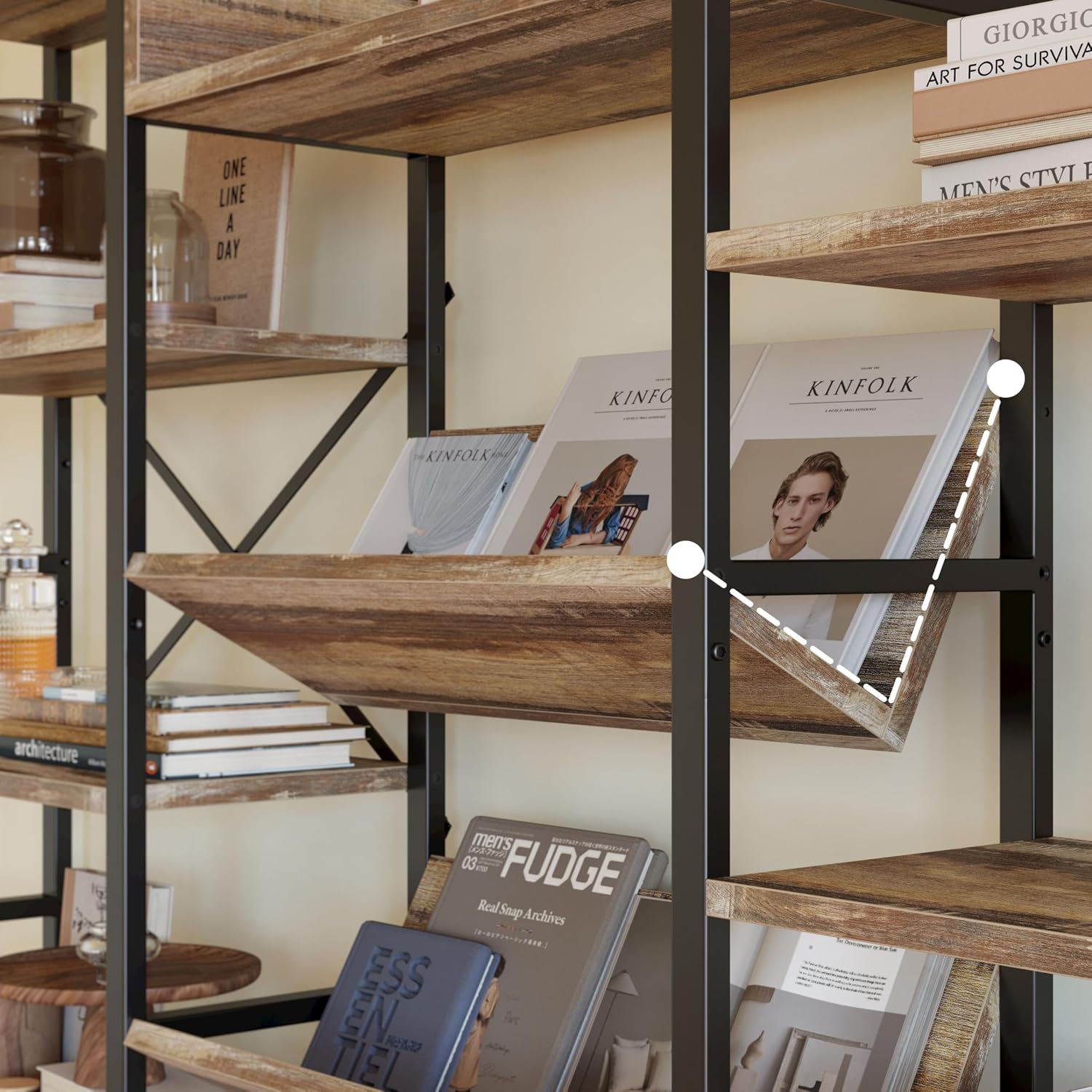 IRONCK Industrial Bookshelves 6 Tiers Triple Wide Bookshelf, Large Etagere Bookshelf Open Record Player Shelves with Metal Frame for Living Room Home Office