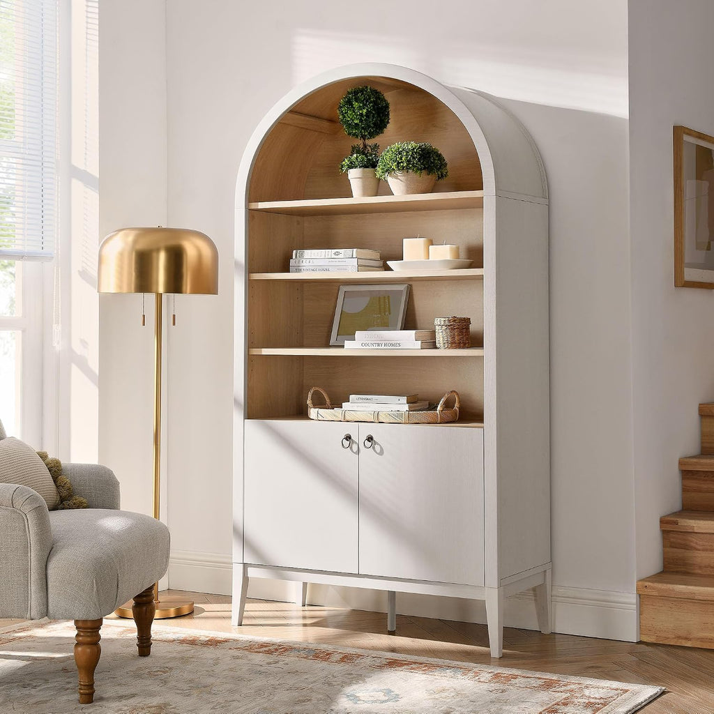 Modway Nolan Tall Arched Storage Display Cabinet in Ivory - 74 Inch Arch Bookshelf with Open and Closed Shelving - Modern Accent Cabinet for Living Room, Dining Room