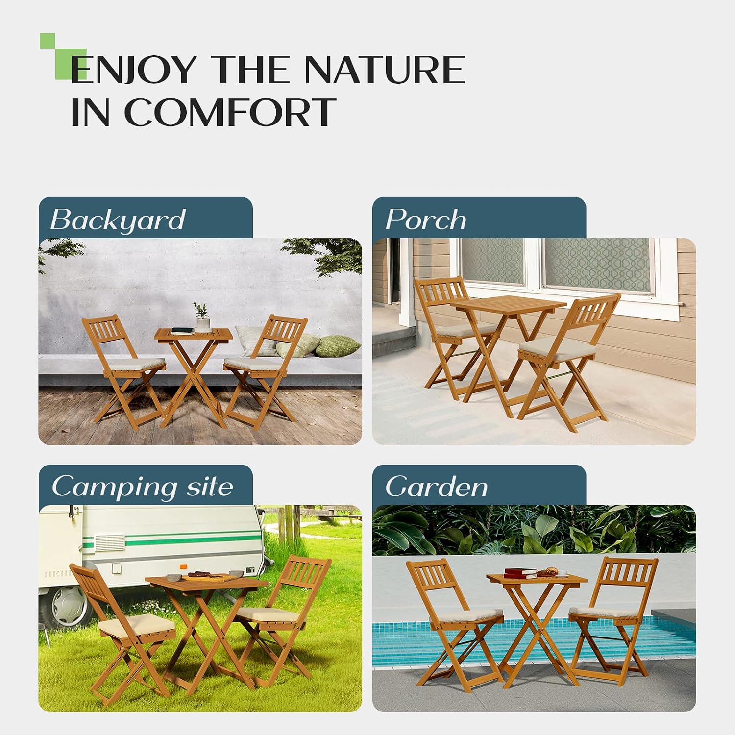 Idzo Heavy Duty 400lbs Capacity Patio Bistro Set 3 Piece Outdoor, Folding Chairs w/Cushion, Square Table - Upgrate 2024