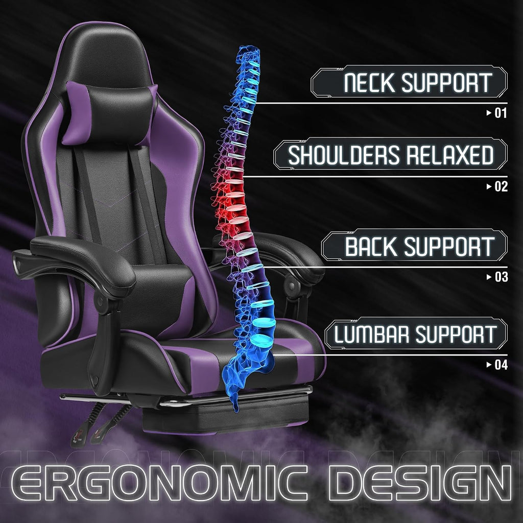 Homall Gaming Chair, Video Game Chair with Footrest and Massage Lumbar Support, Ergonomic Computer Chair Height Adjustable with Swivel Seat and Headrest (Purple)