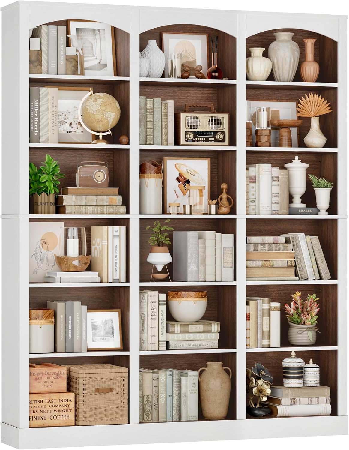 FACBOTALL 71' Triple Wide Bookshelf, 6 Tier Tall Bookshelf, Large Bookcase with Curved Baffle, 63.4' Wide Book Shelf with 18 Open Display Shelves for Living Room, Study, Walnut and White