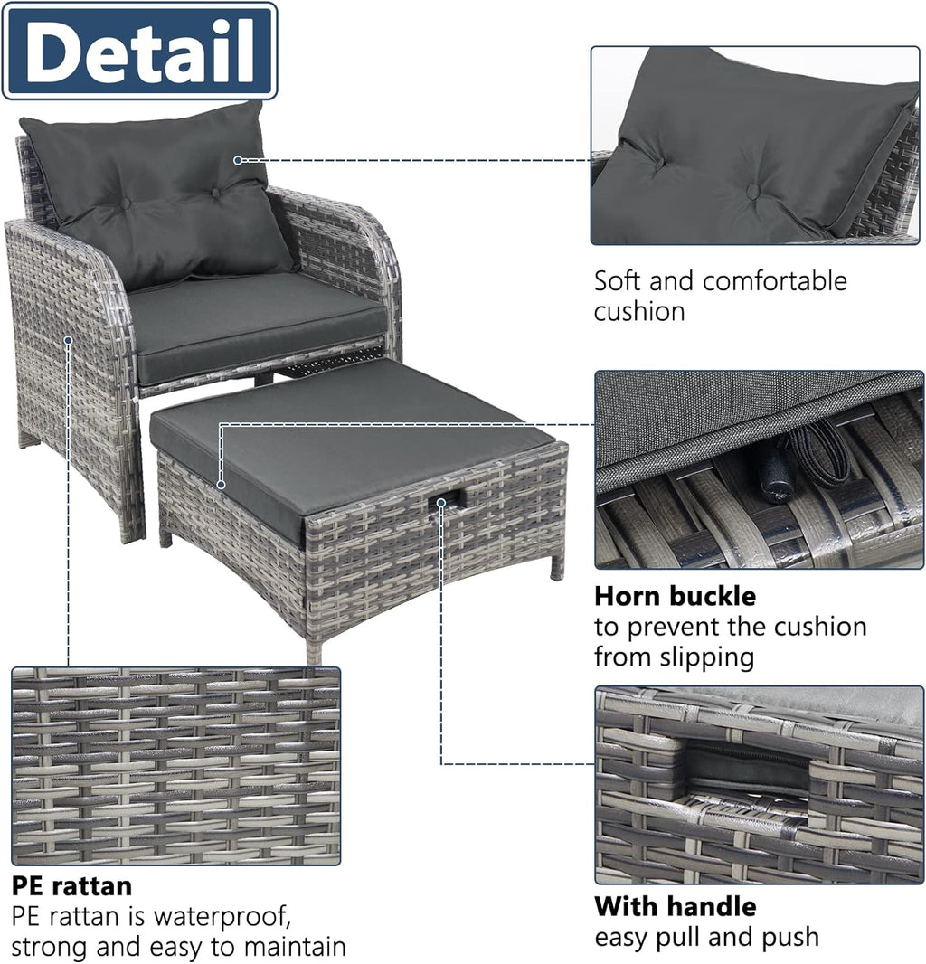 5 Pieces Wicker Outdoor Patio Chairs with Ottomans, All Weather PE Rattan Outdoor Conversation Set Bistro Patio Furniture Set with Hidden Ottoman for Porch Backyard Balcony, Grey
