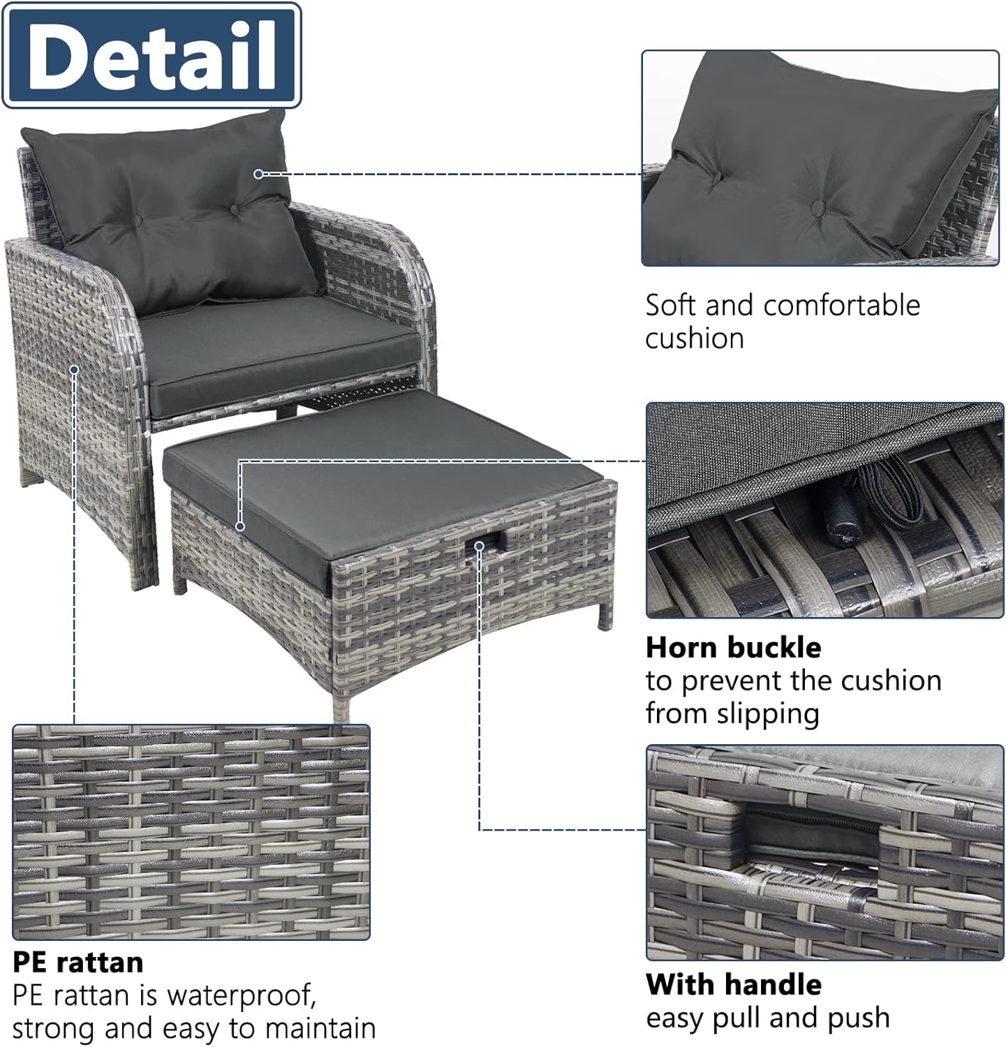 5 Pieces Wicker Outdoor Patio Chairs with Ottomans, All Weather PE Rattan Outdoor Conversation Set Bistro Patio Furniture Set with Hidden Ottoman for Porch Backyard Balcony, Grey