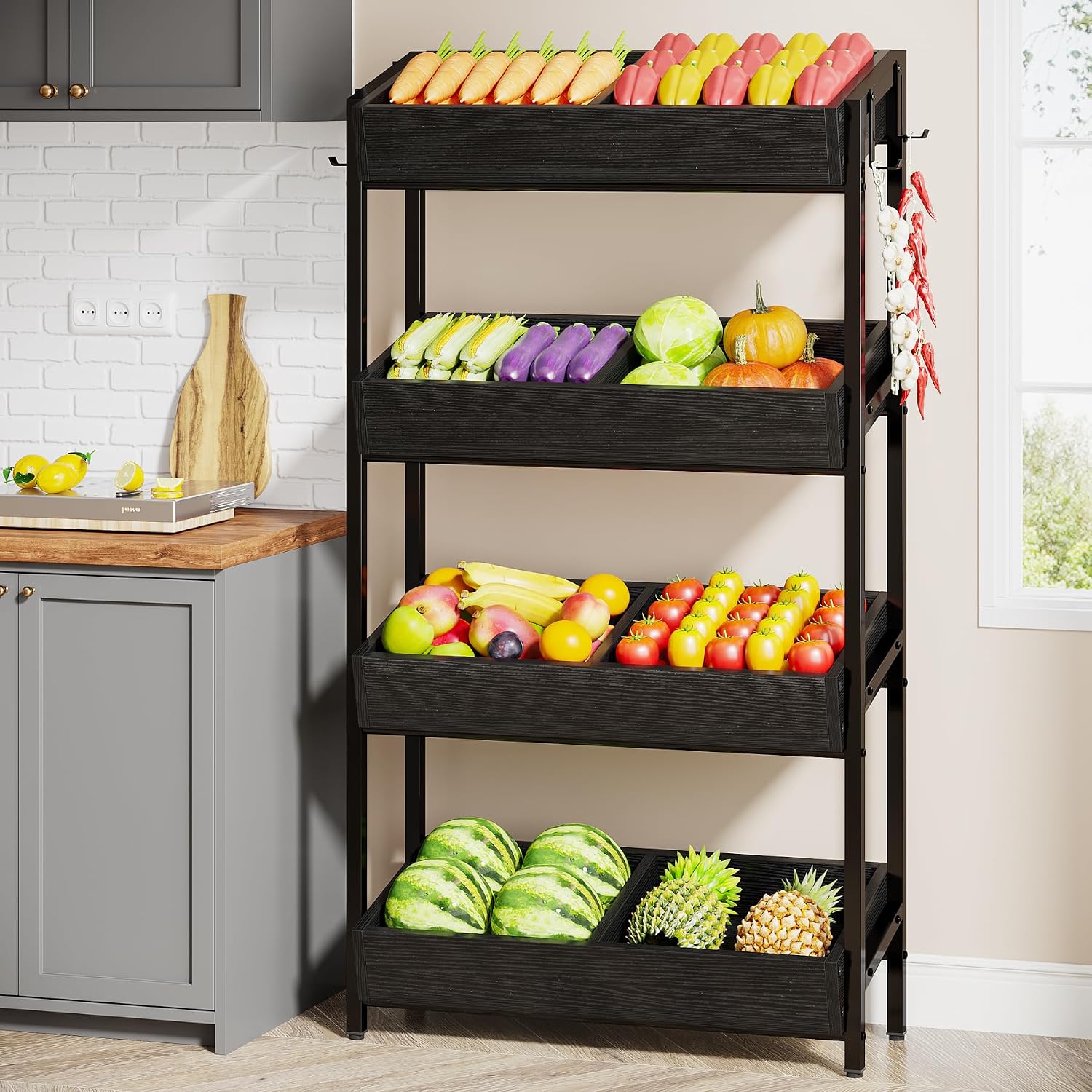 Tribesigns Wood Fruit and Vegetable Basket Stand Rack for Kitchen, Office, Store, Supremarket, Pantry Shelf Unit for Snacks, 4-Tier Wooden Utility Storage Shelves (Black)